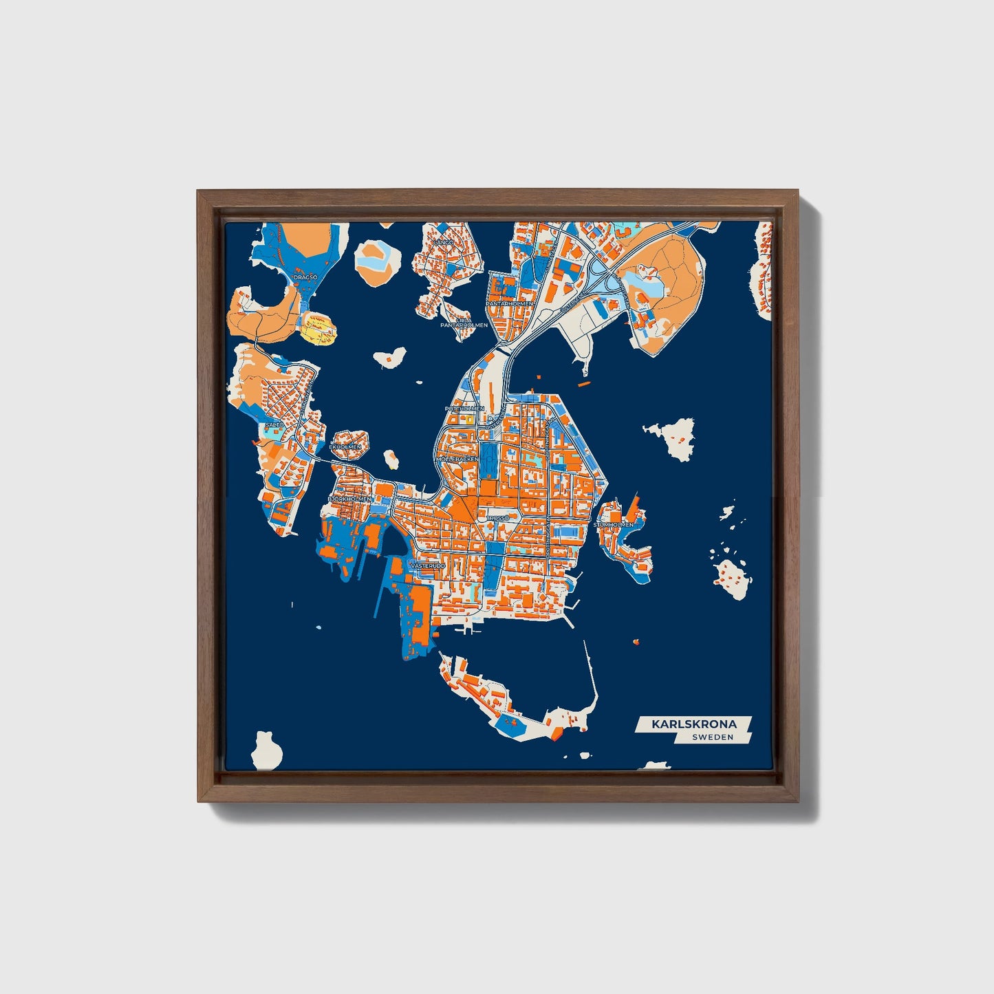 Karlskrona Sweden Colorful City Map Canvas Print • Dark Wooden Framed