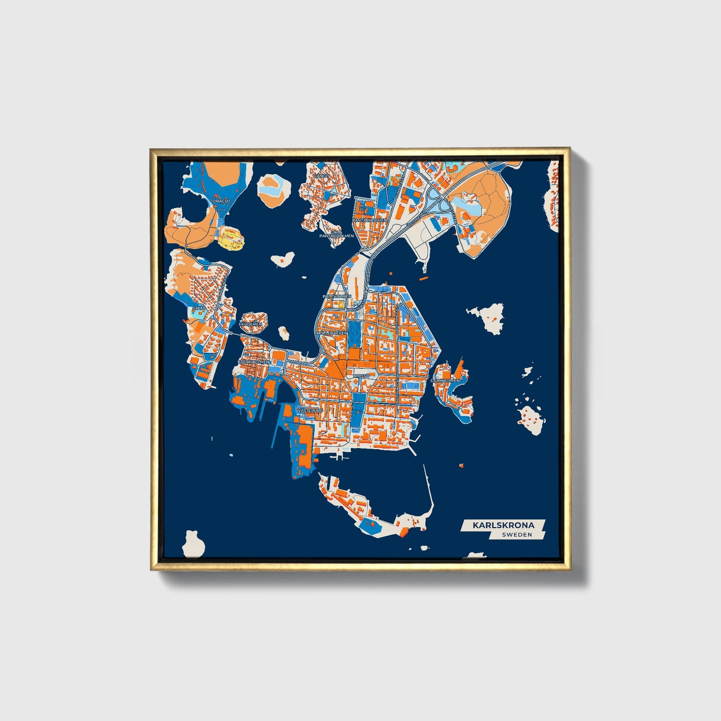Karlskrona Sweden Colorful City Map Canvas Print • Gold Framed