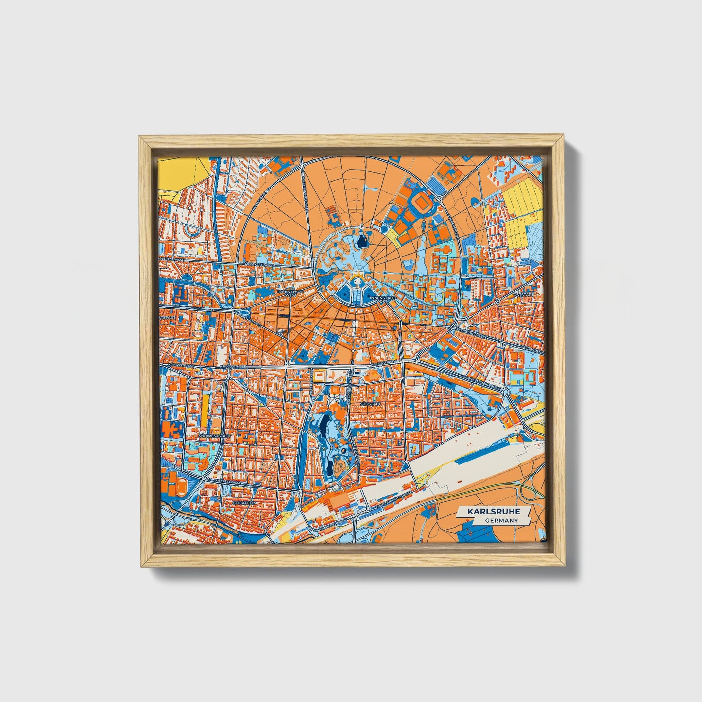 Karlsruhe Germany Colorful City Map Canvas Print • Natural Wooden Framed