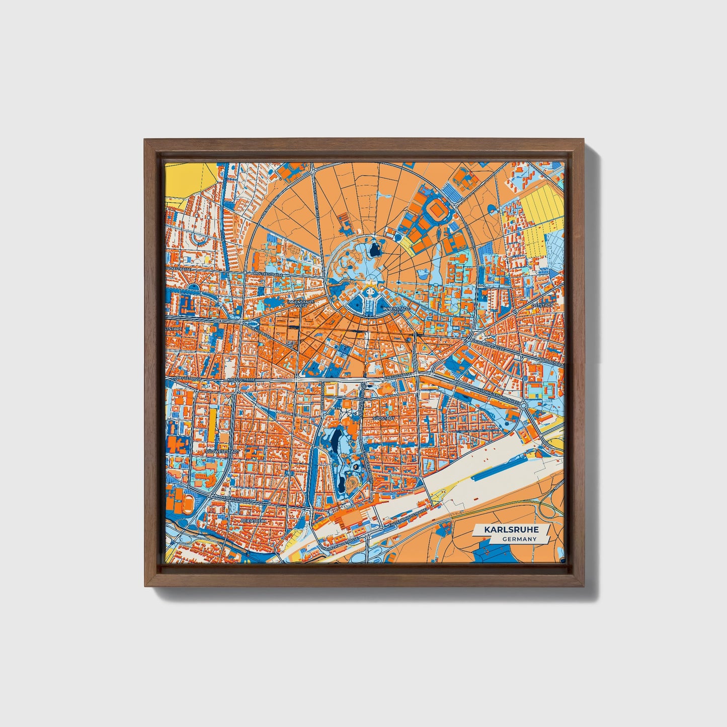 Karlsruhe Germany Colorful City Map Canvas Print • Dark Wooden Framed