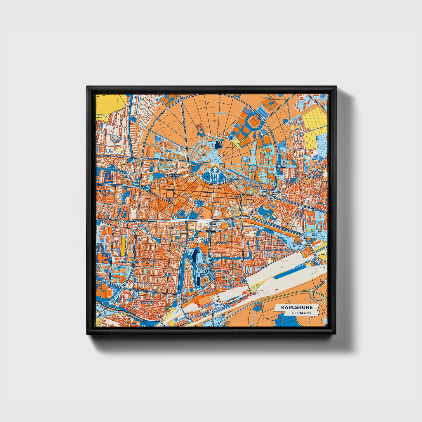 Karlsruhe Germany Colorful City Map Canvas Print • Black Framed
