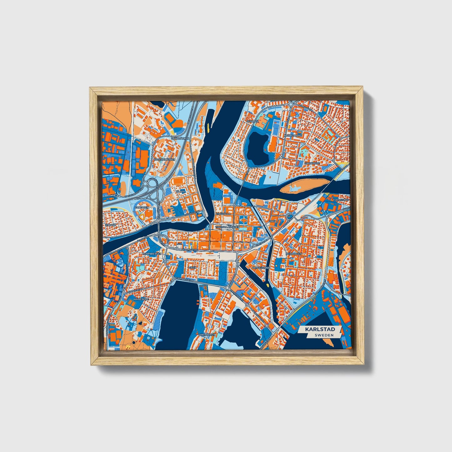 Karlstad Sweden Colorful City Map Canvas Print • Natural Wooden Framed