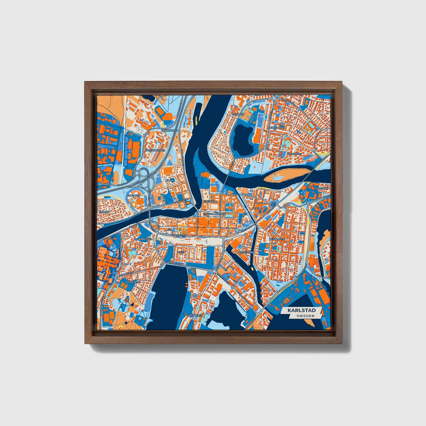 Karlstad Sweden Colorful City Map Canvas Print • Dark Wooden Framed