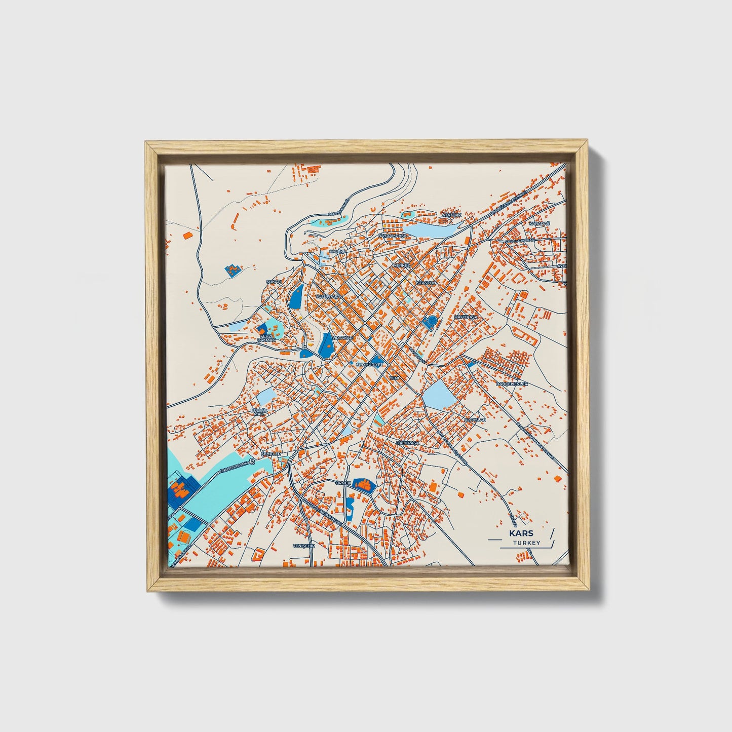 Kars Turkey Colorful City Map Canvas Print • Natural Wooden Framed