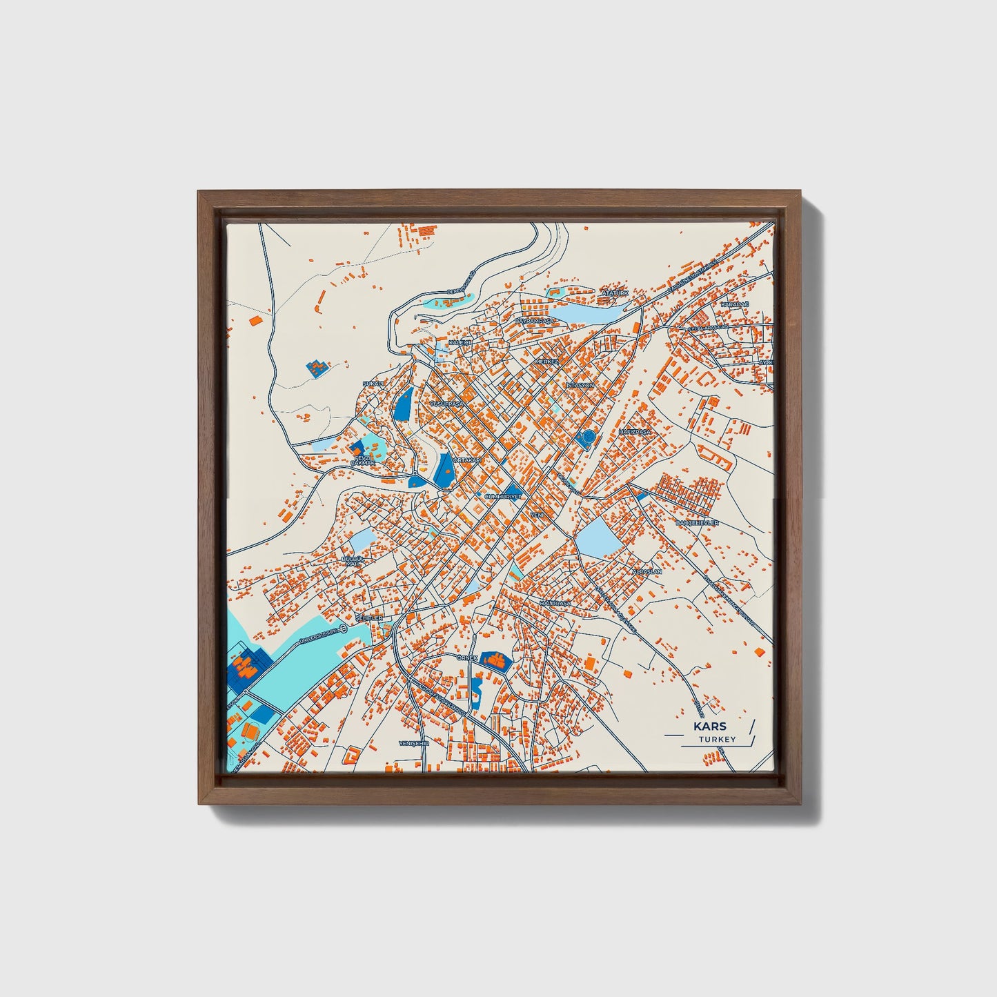 Kars Turkey Colorful City Map Canvas Print • Dark Wooden Framed