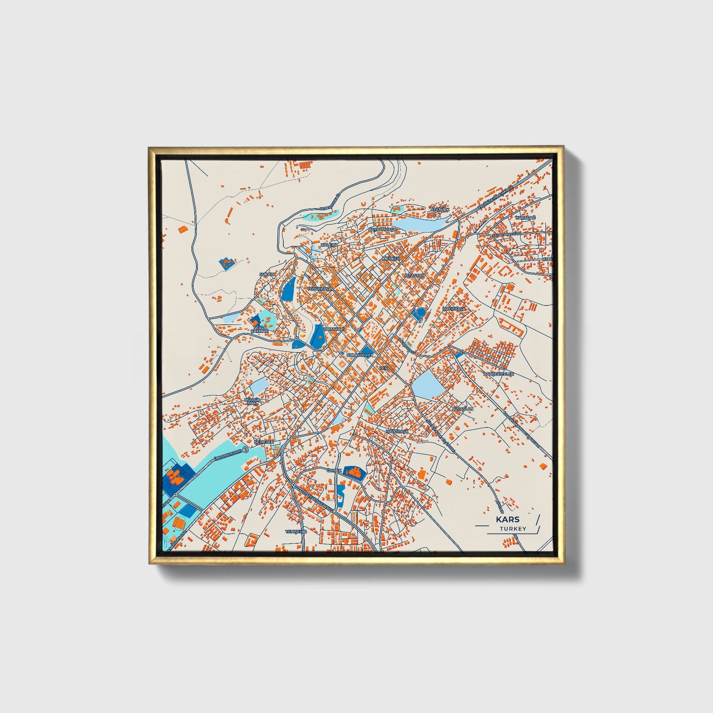 Kars Turkey Colorful City Map Canvas Print • Gold Framed