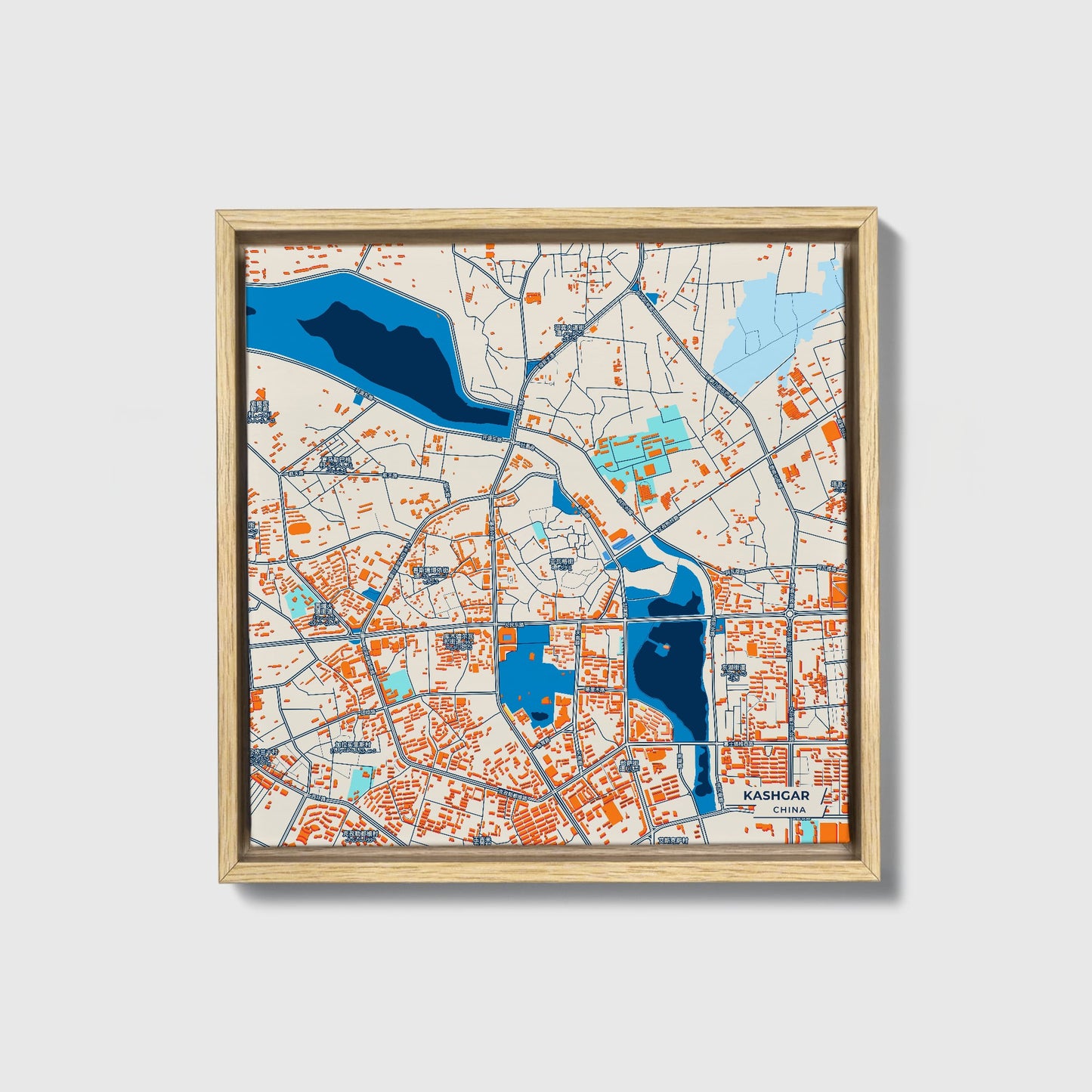 Kashgar China Colorful City Map Canvas Print • Natural Wooden Framed