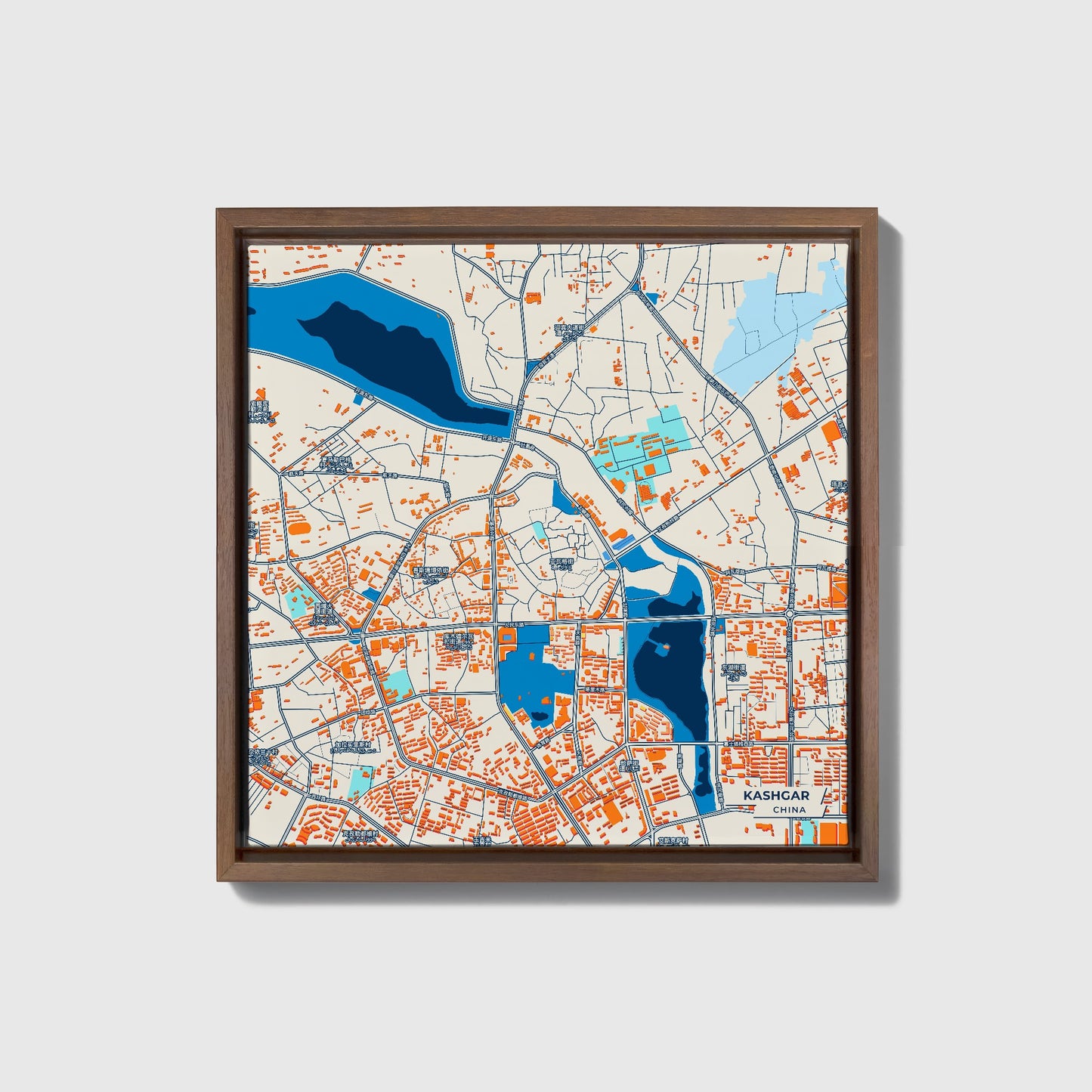 Kashgar China Colorful City Map Canvas Print • Dark Wooden Framed