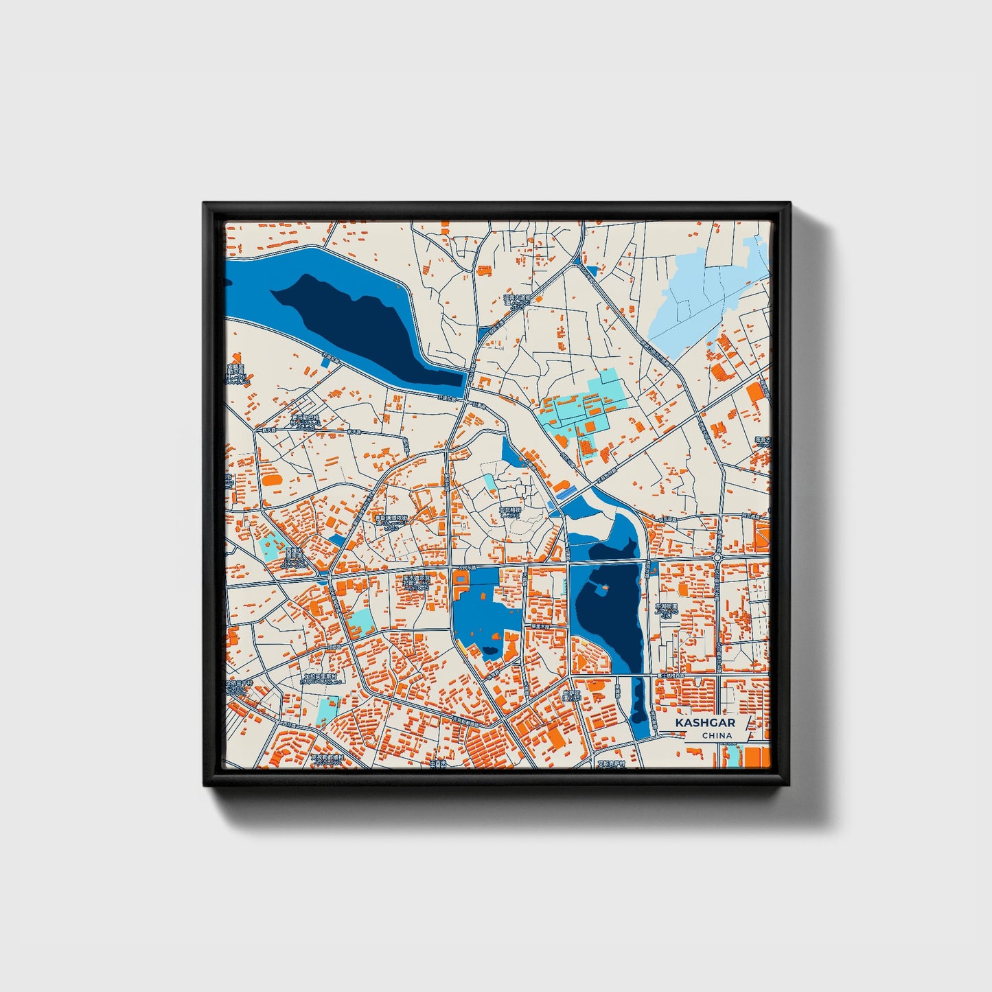 Kashgar China Colorful City Map Canvas Print • Black Framed