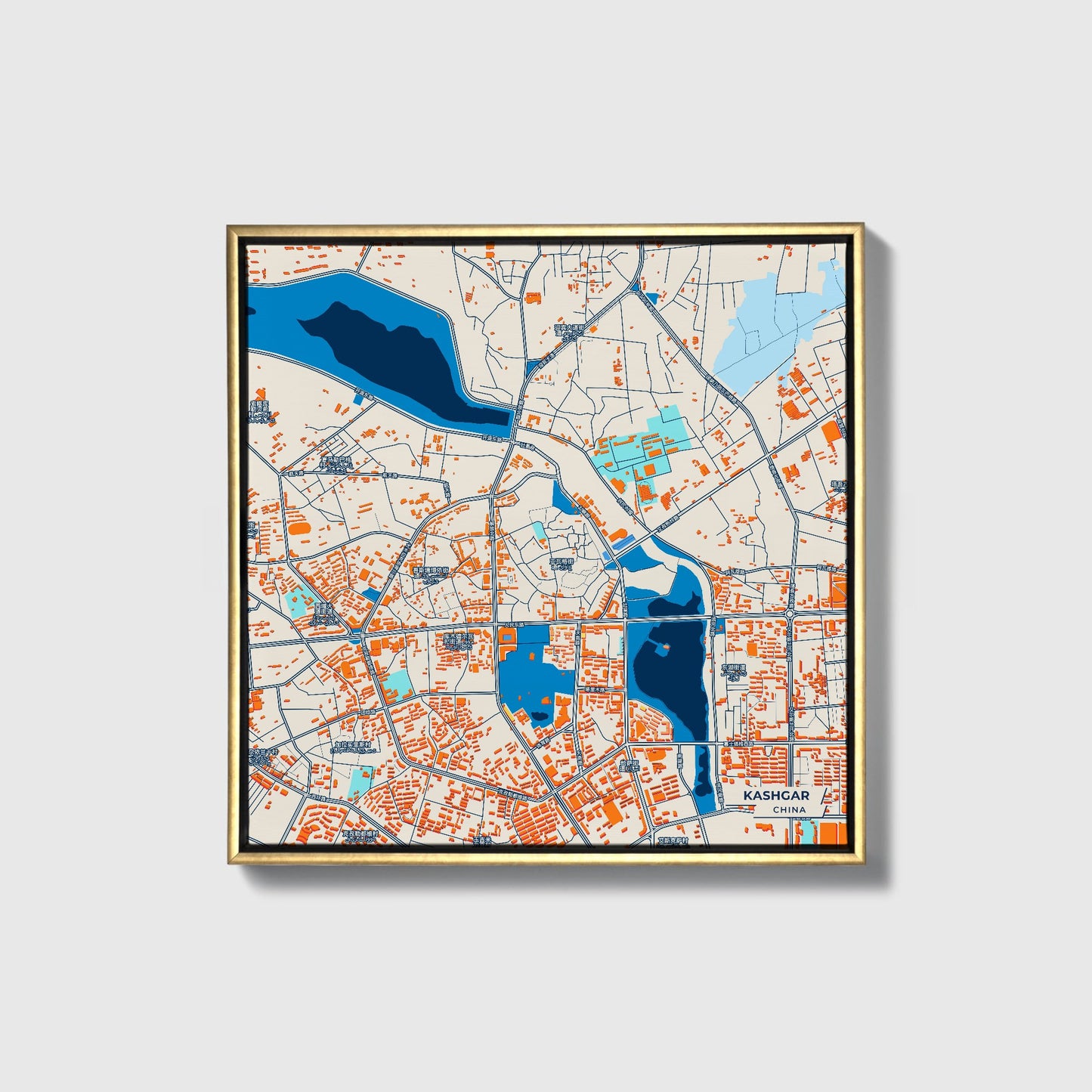 Kashgar China Colorful City Map Canvas Print • Gold Framed