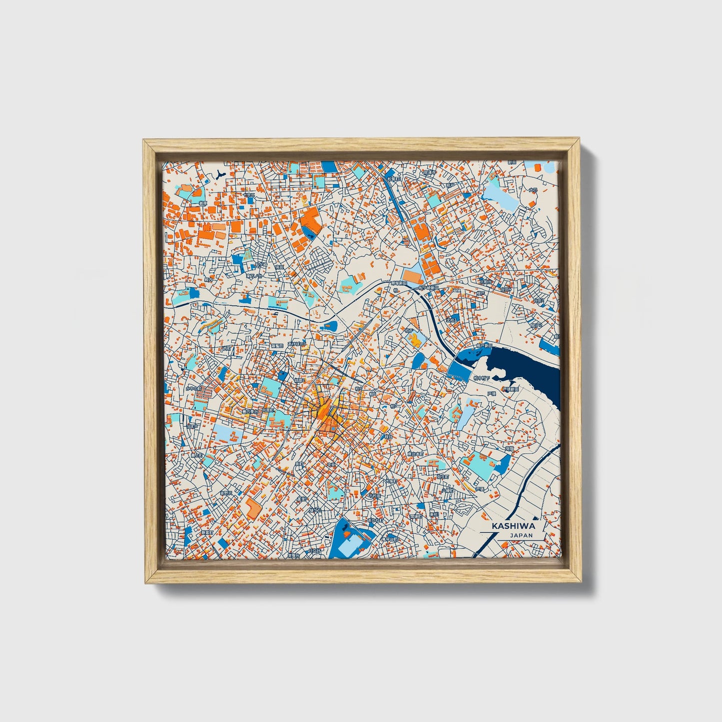 Kashiwa Japan Colorful City Map Canvas Print • Natural Wooden Framed