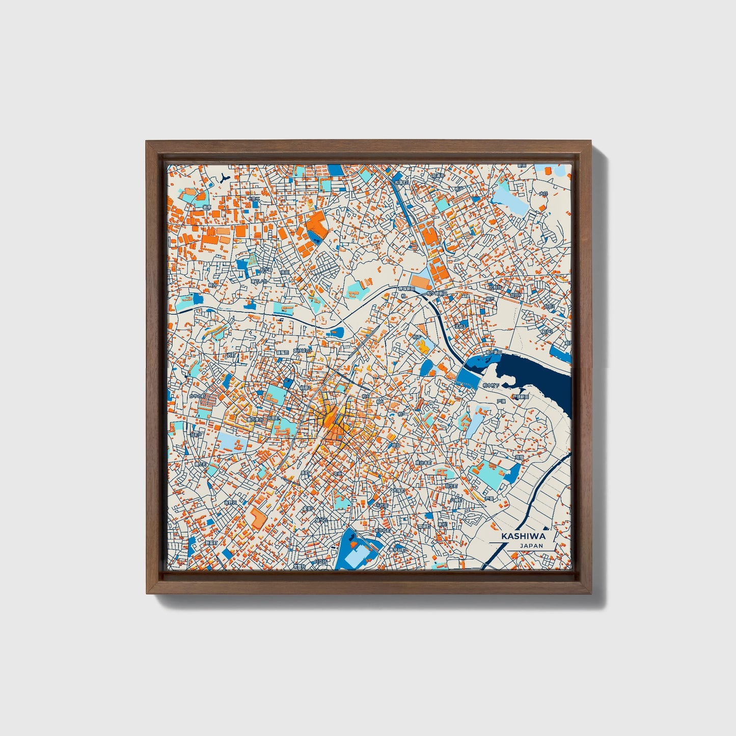Kashiwa Japan Colorful City Map Canvas Print • Dark Wooden Framed