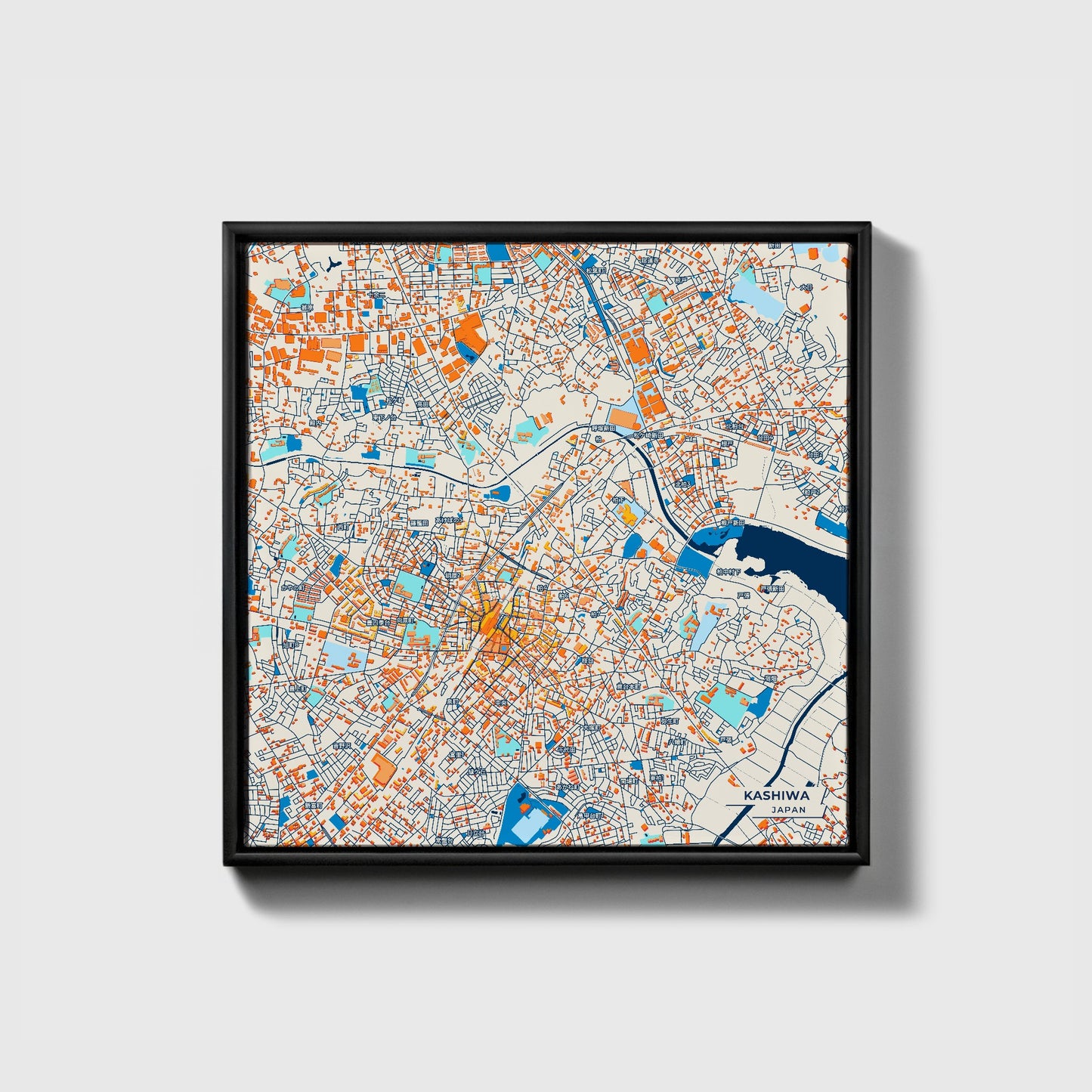 Kashiwa Japan Colorful City Map Canvas Print • Black Framed