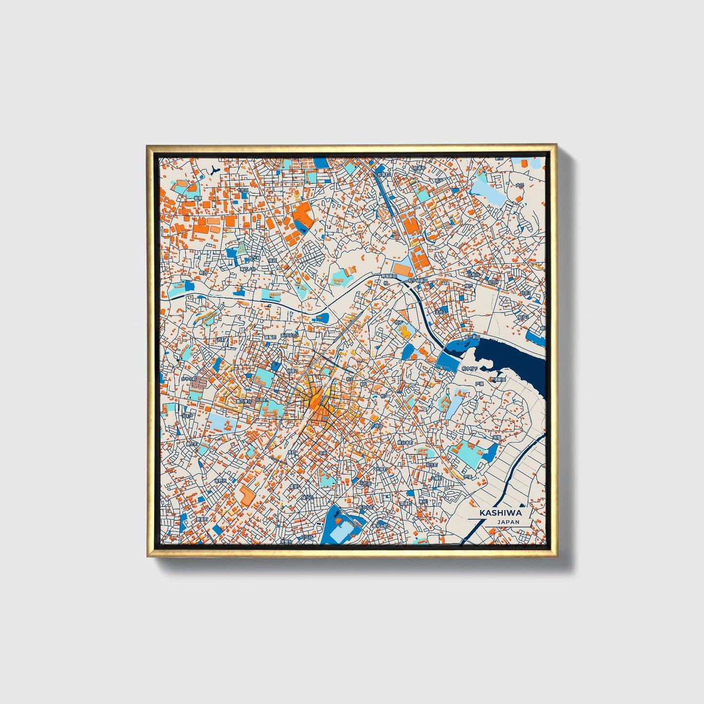 Kashiwa Japan Colorful City Map Canvas Print • Gold Framed