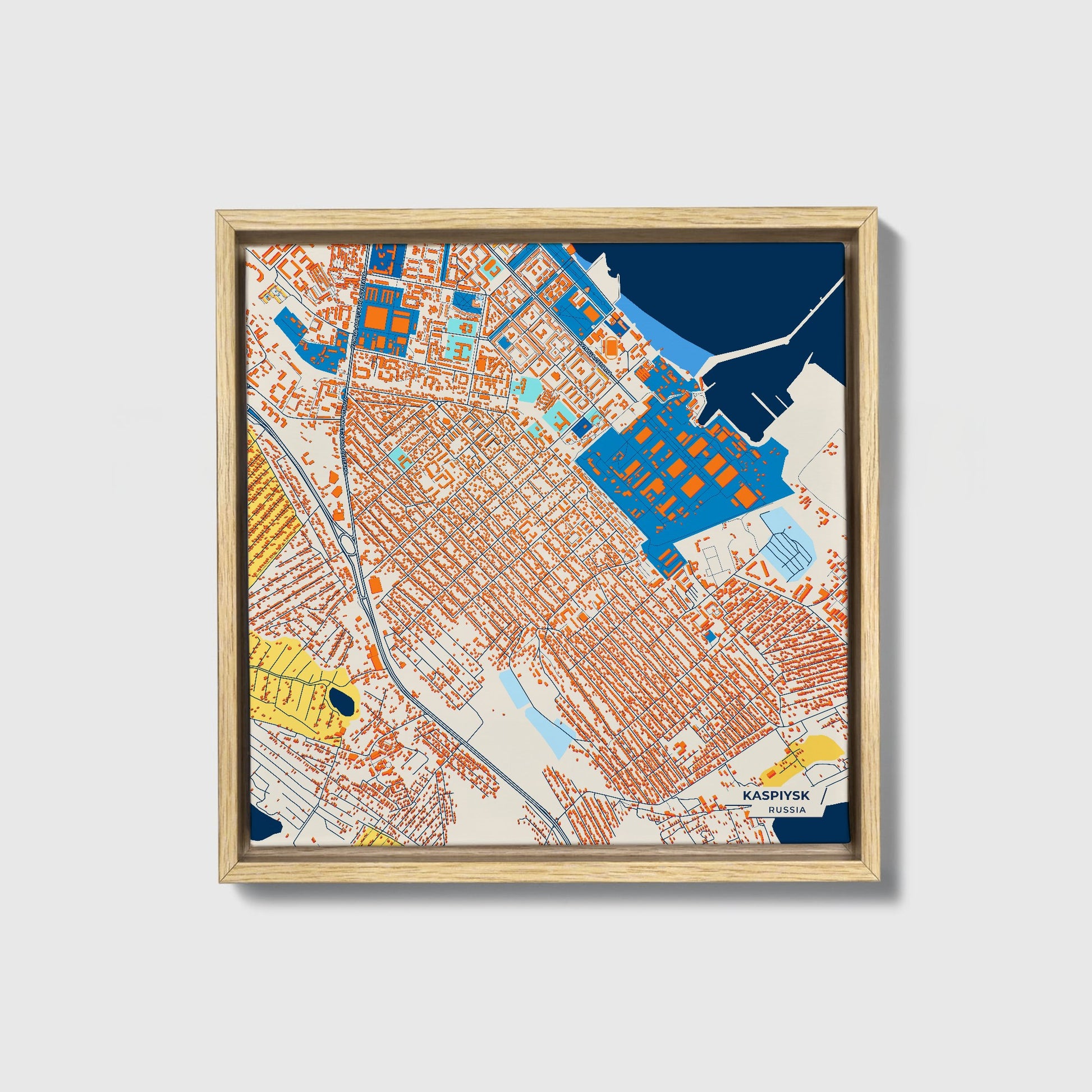 Каспийск Russia Colorful City Map Canvas Print • Natural Wooden Framed