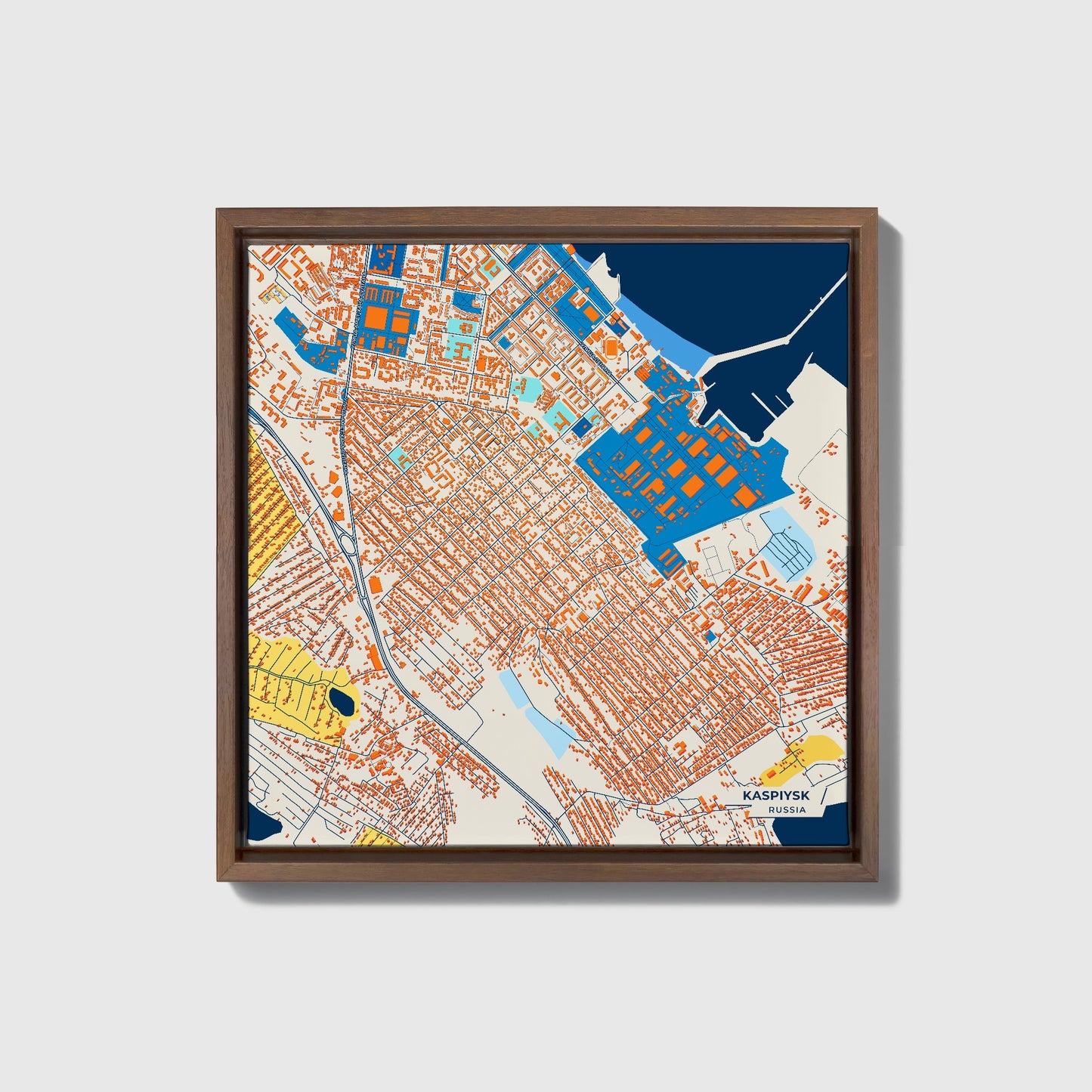Каспийск Russia Colorful City Map Canvas Print • Dark Wooden Framed
