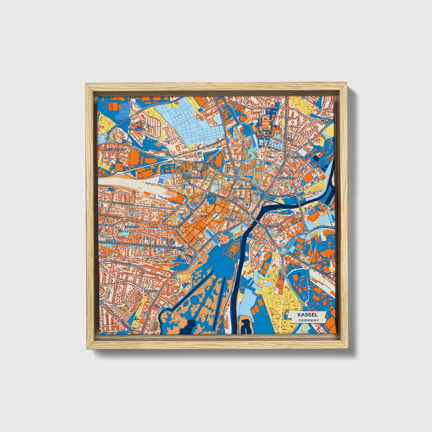 Kassel Germany Colorful City Map Canvas Print • Natural Wooden Framed