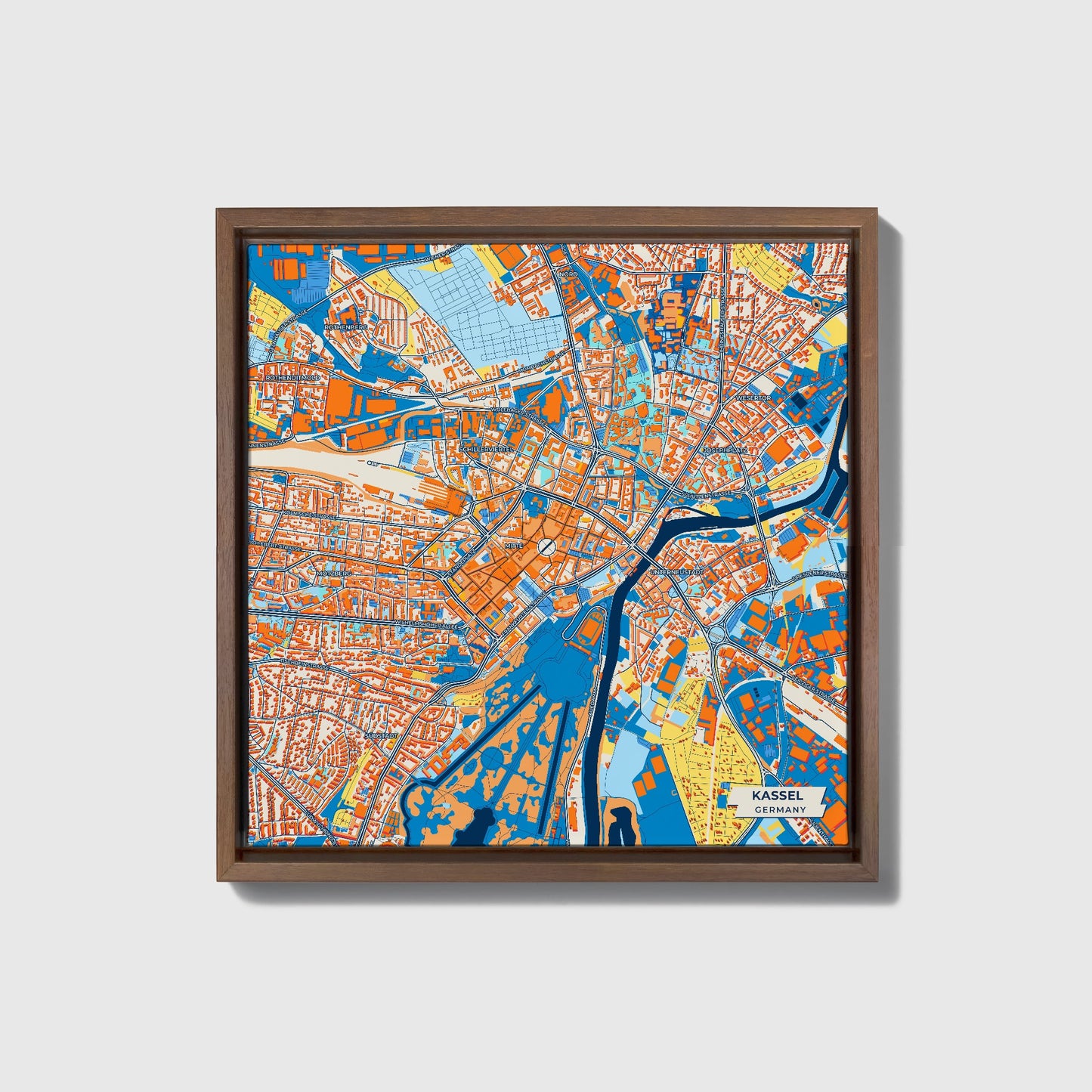Kassel Germany Colorful City Map Canvas Print • Dark Wooden Framed