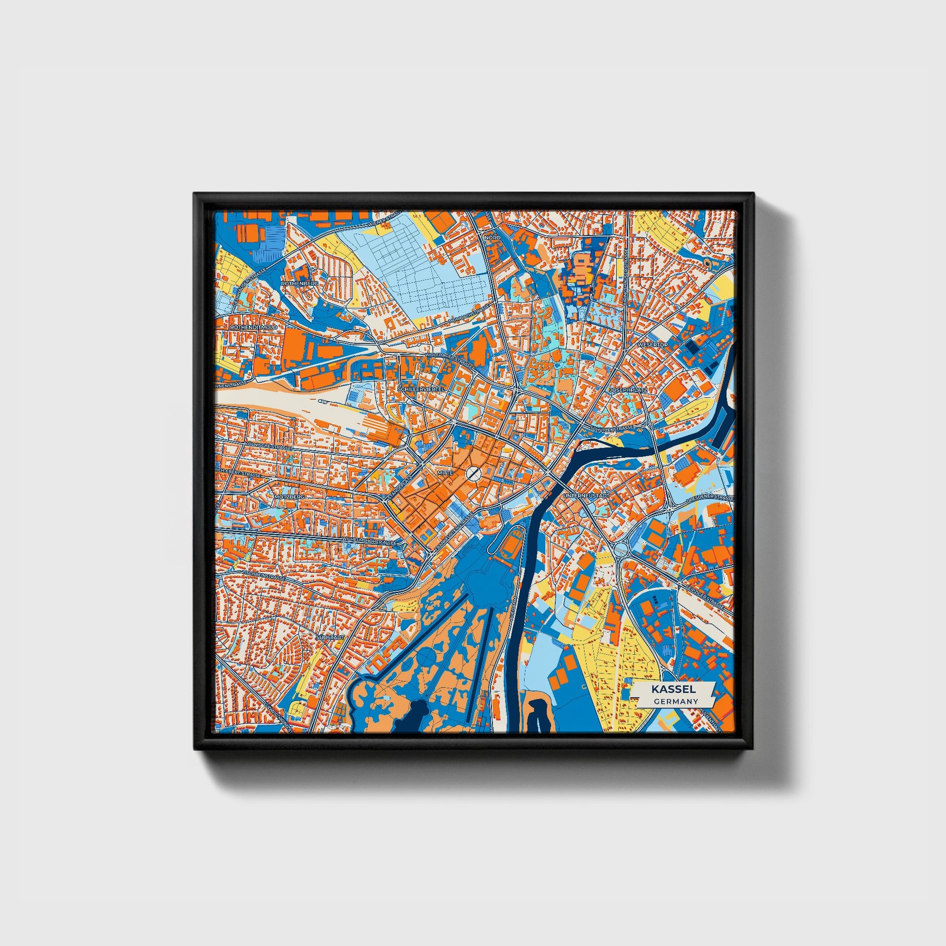 Kassel Germany Colorful City Map Canvas Print • Black Framed