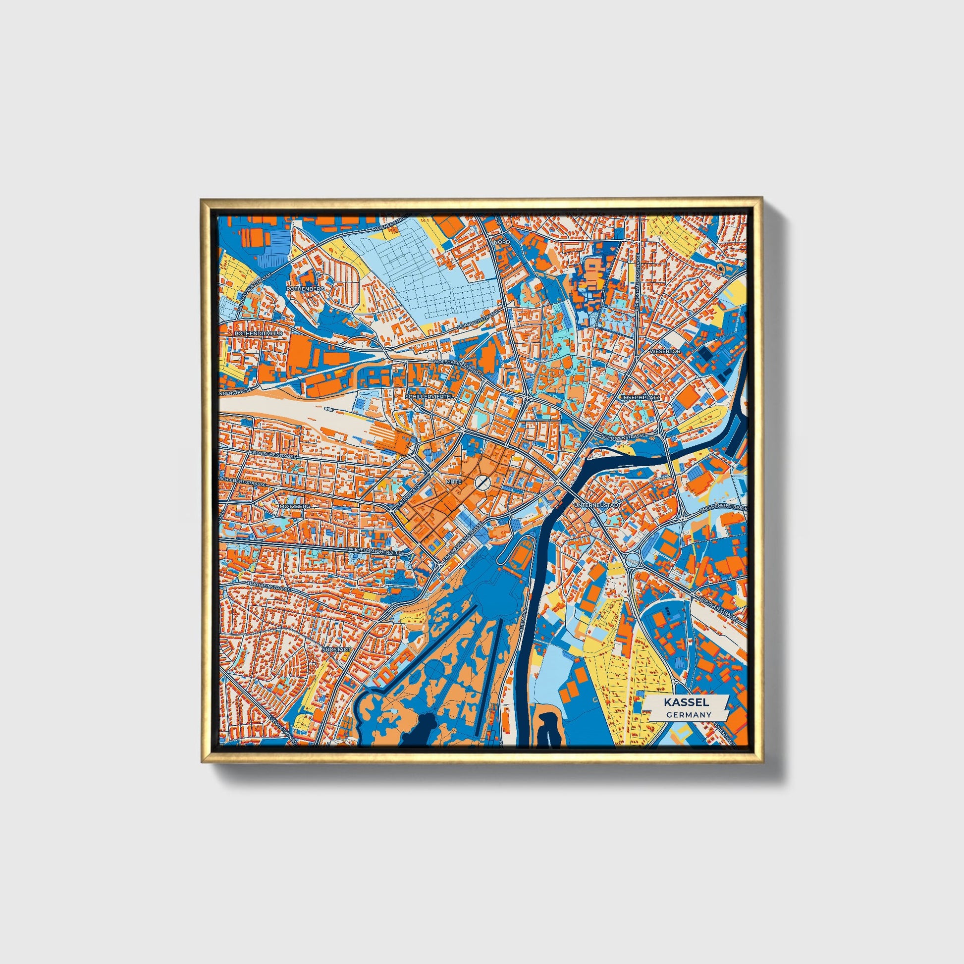 Kassel Germany Colorful City Map Canvas Print • Gold Framed