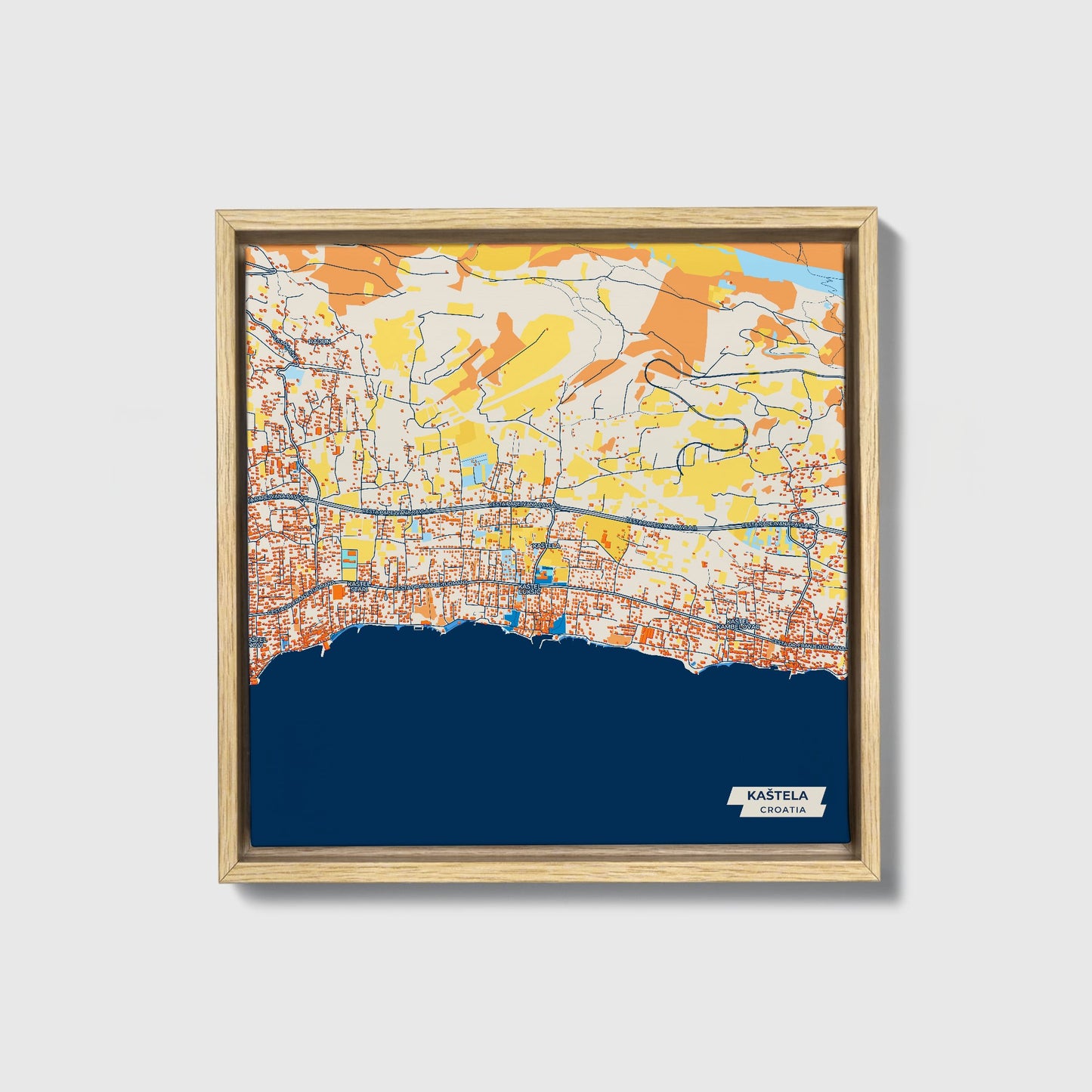 Kaštela Croatia Colorful City Map Canvas Print • Natural Wooden Framed