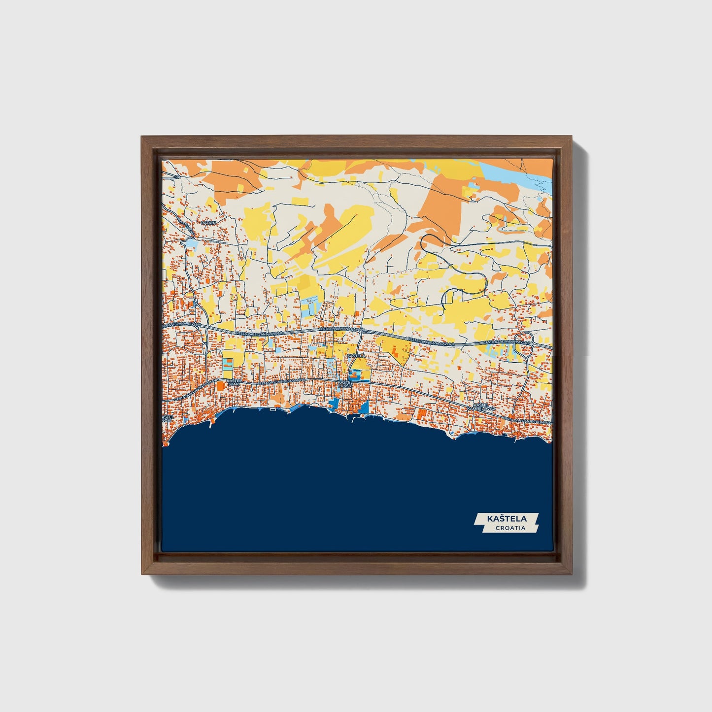 Kaštela Croatia Colorful City Map Canvas Print • Dark Wooden Framed