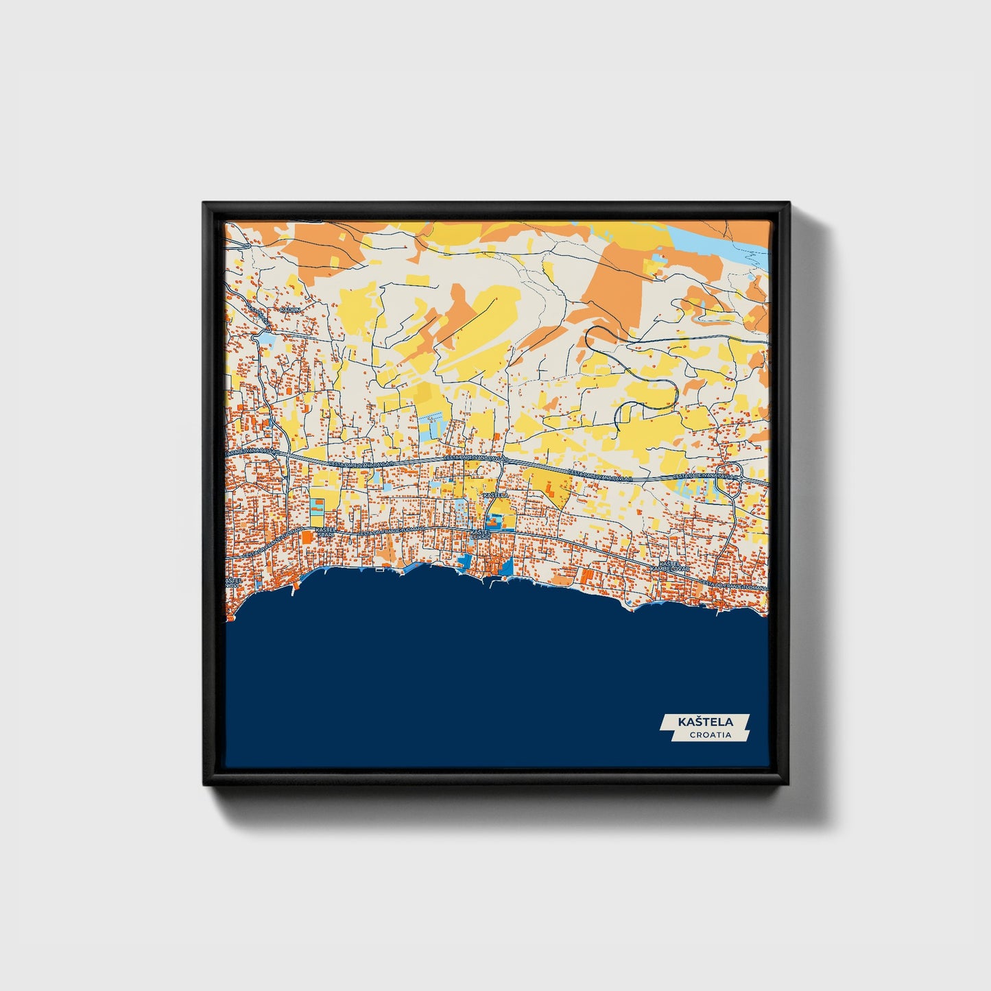 Kaštela Croatia Colorful City Map Canvas Print • Black Framed