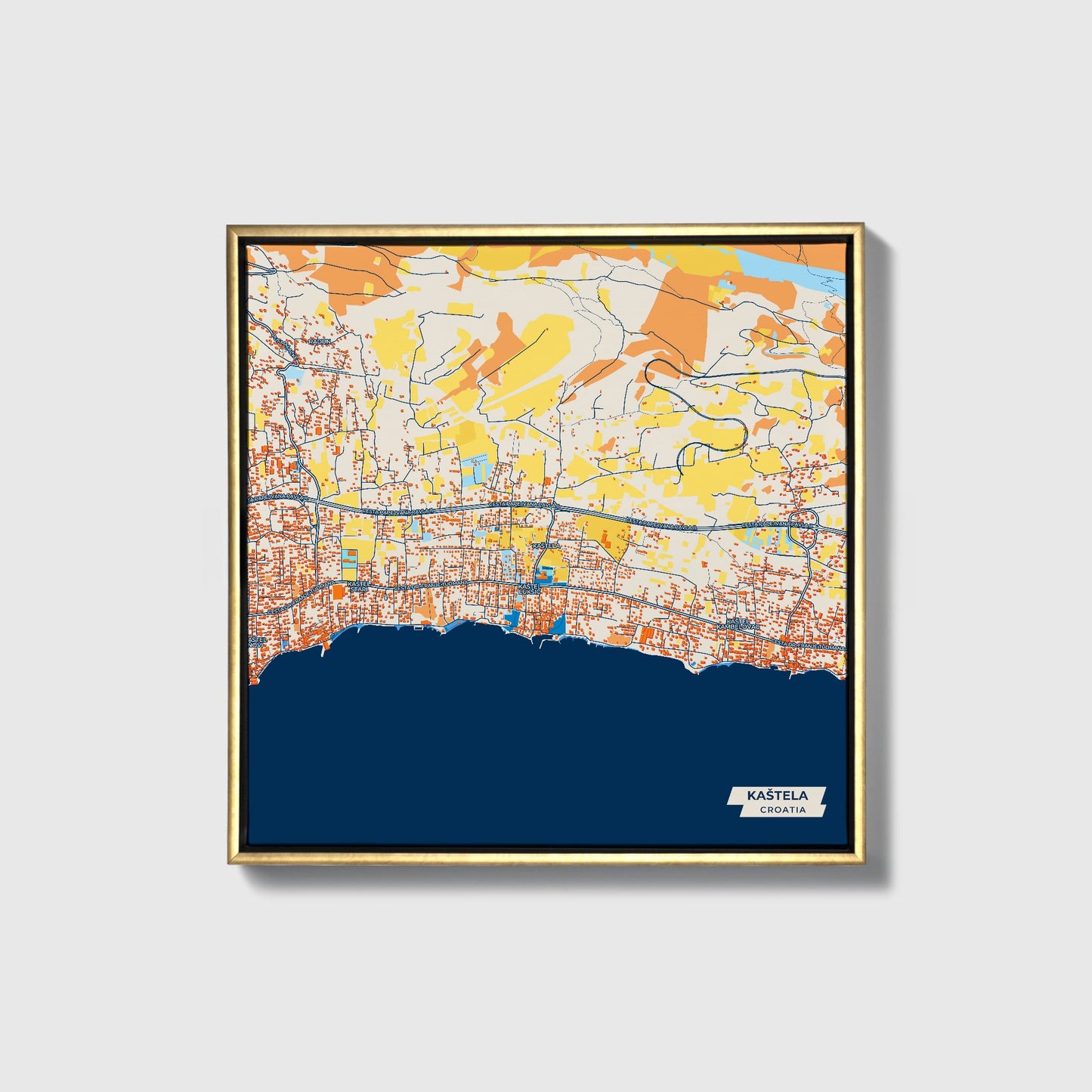 Kaštela Croatia Colorful City Map Canvas Print • Gold Framed