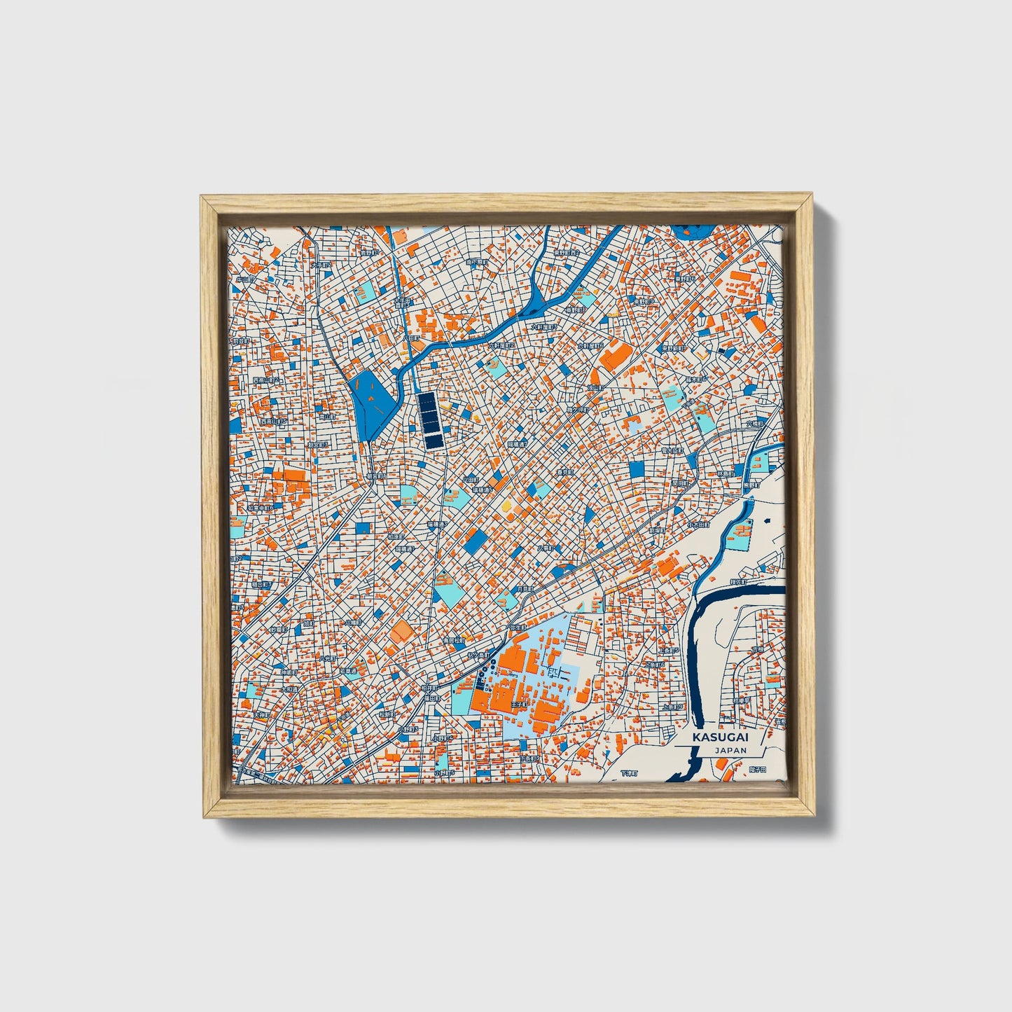 Kasugai Japan Colorful City Map Canvas Print • Natural Wooden Framed