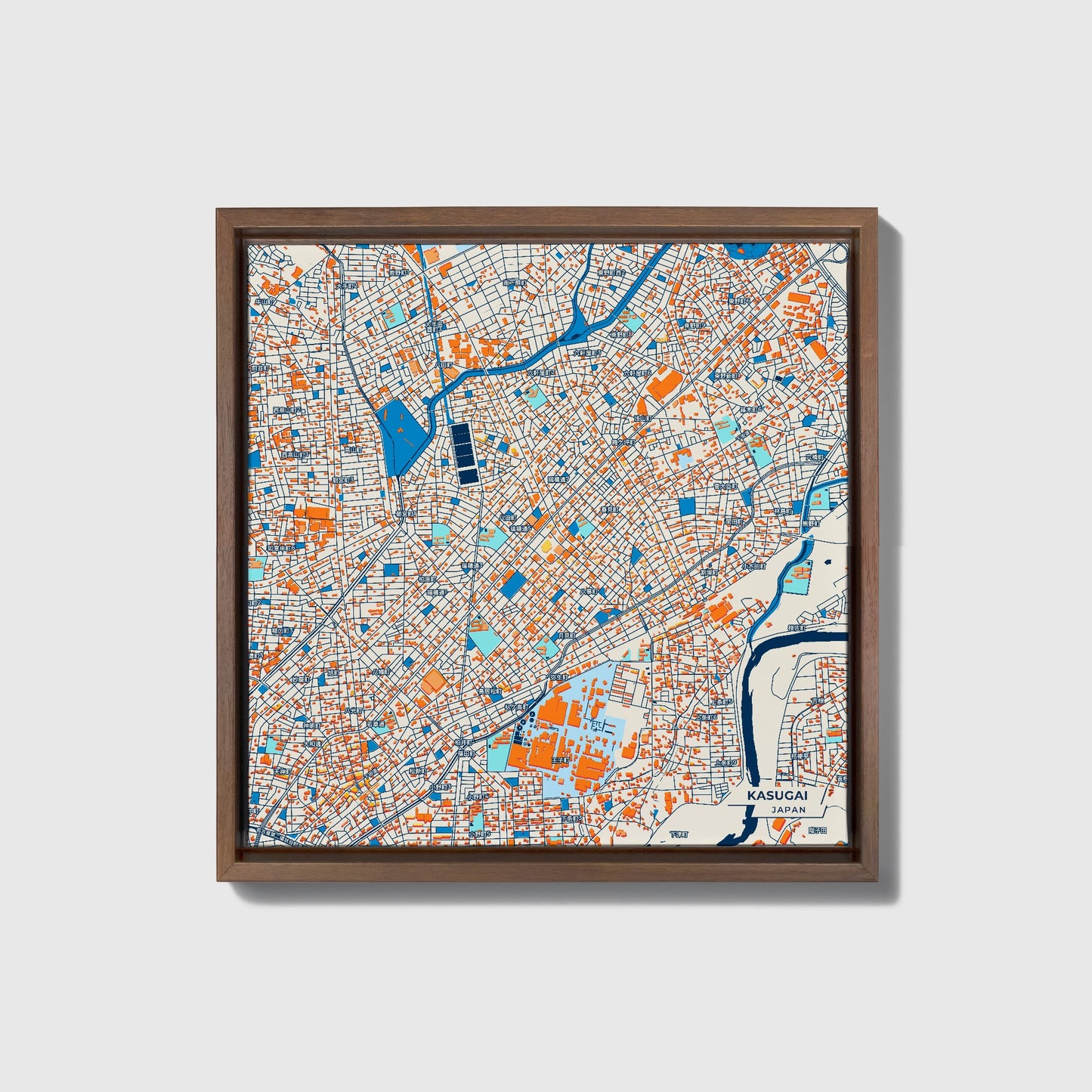 Kasugai Japan Colorful City Map Canvas Print • Dark Wooden Framed