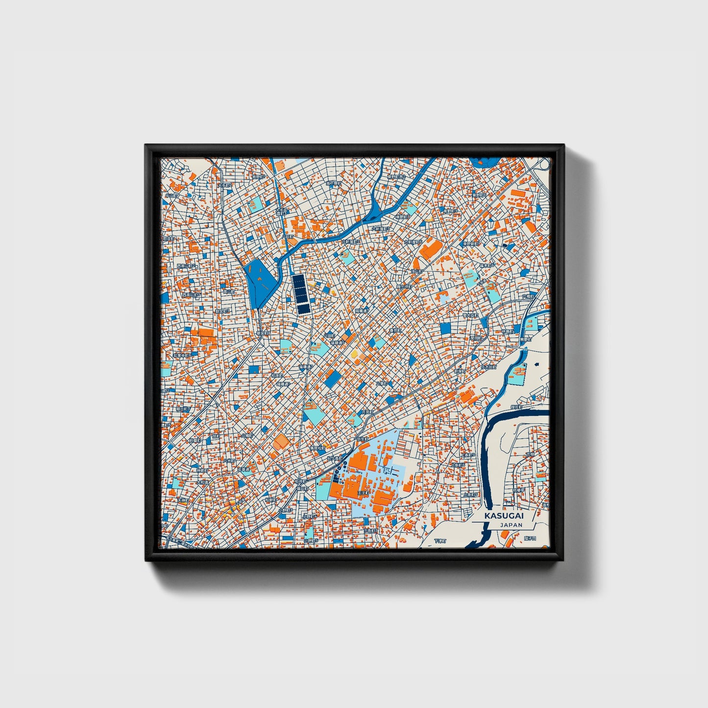 Kasugai Japan Colorful City Map Canvas Print • Black Framed