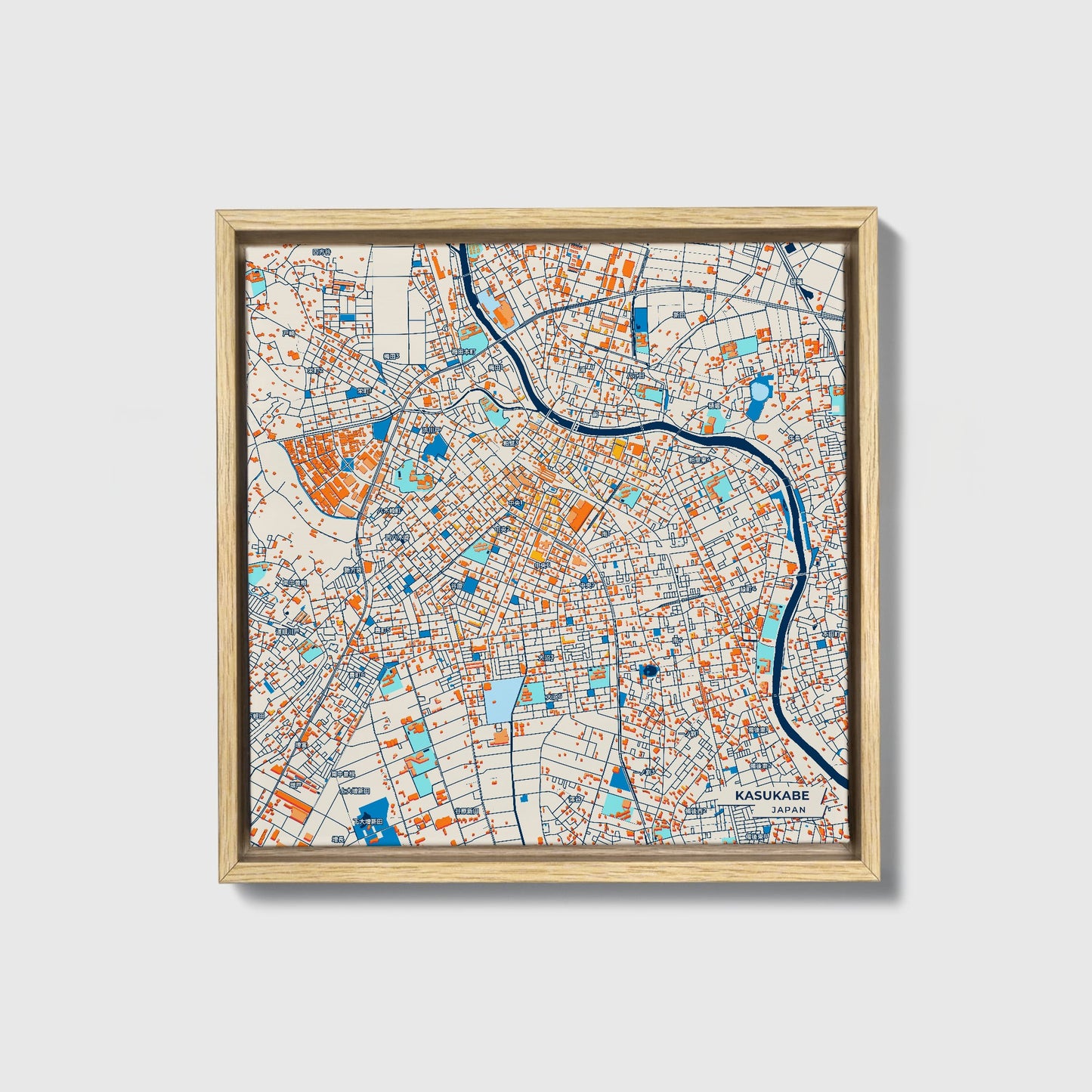 Kasukabe Japan Colorful City Map Canvas Print • Natural Wooden Framed