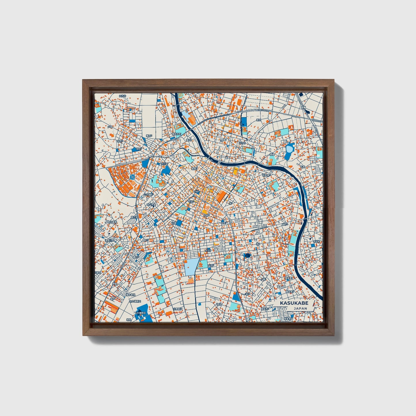 Kasukabe Japan Colorful City Map Canvas Print • Dark Wooden Framed