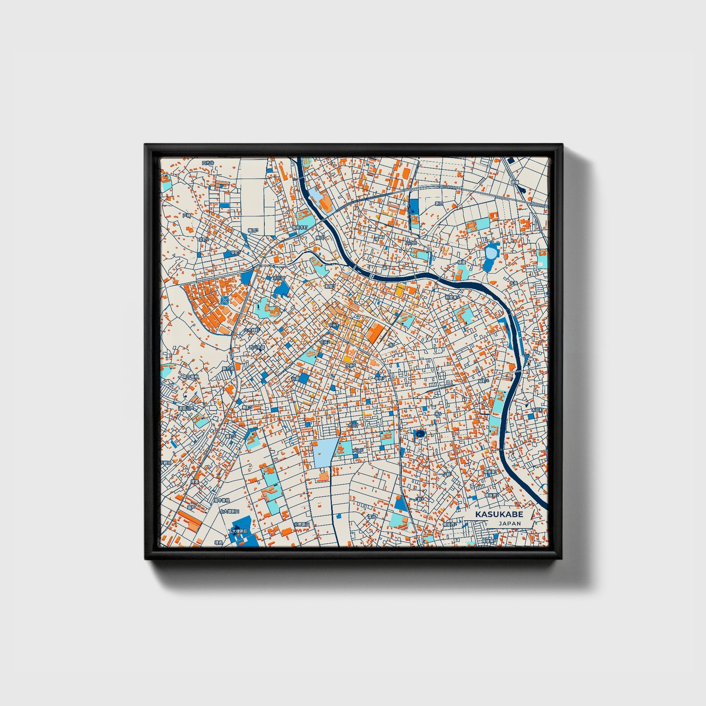 Kasukabe Japan Colorful City Map Canvas Print • Black Framed