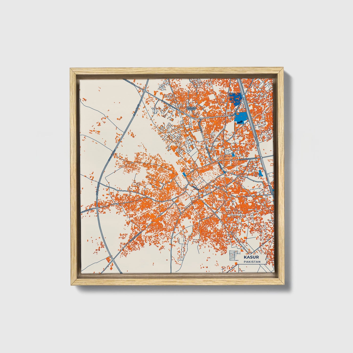 Kasur Pakistan Colorful City Map Canvas Print • Natural Wooden Framed