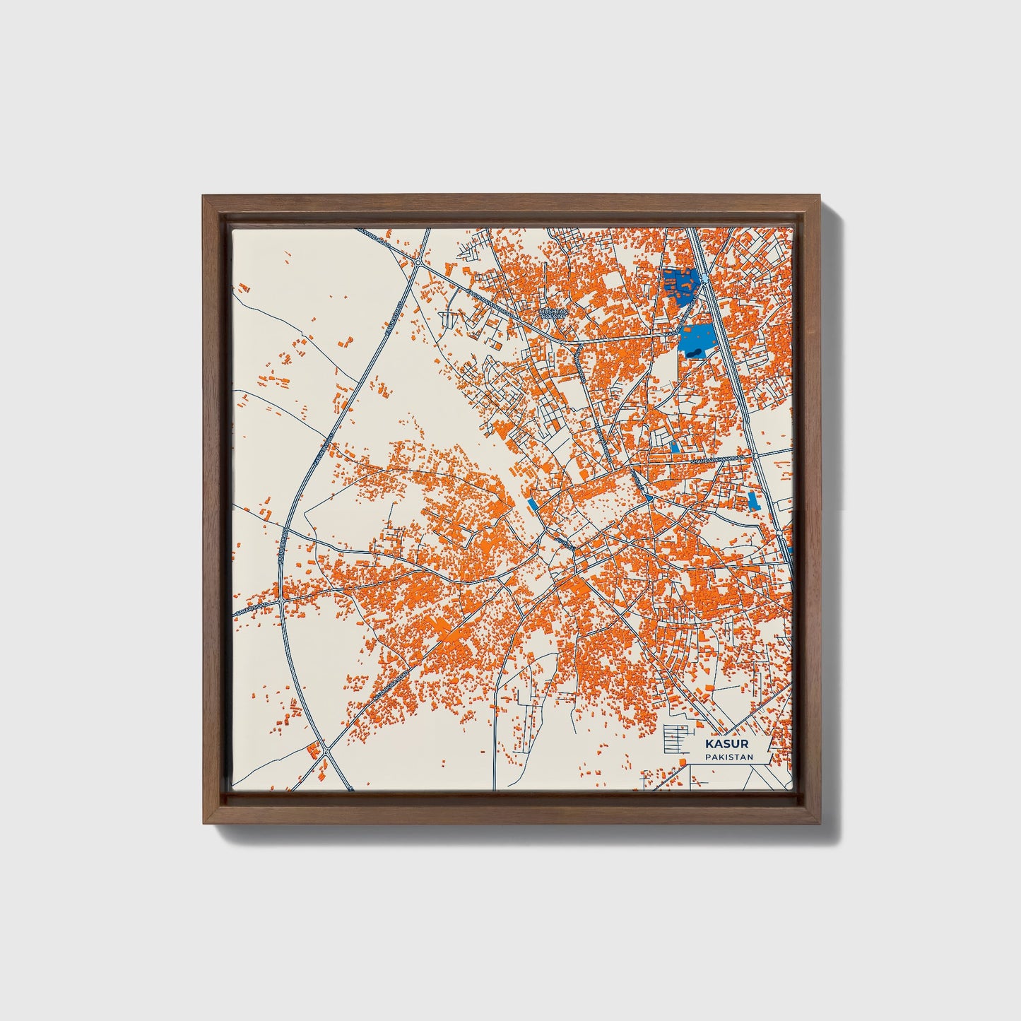 Kasur Pakistan Colorful City Map Canvas Print • Dark Wooden Framed