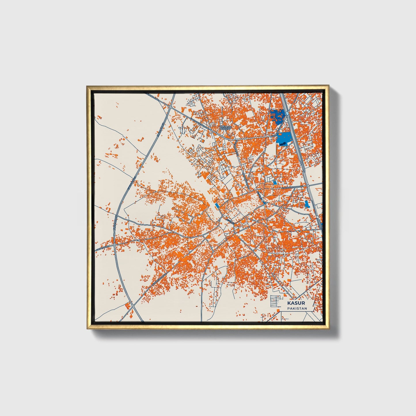 Kasur Pakistan Colorful City Map Canvas Print • Gold Framed