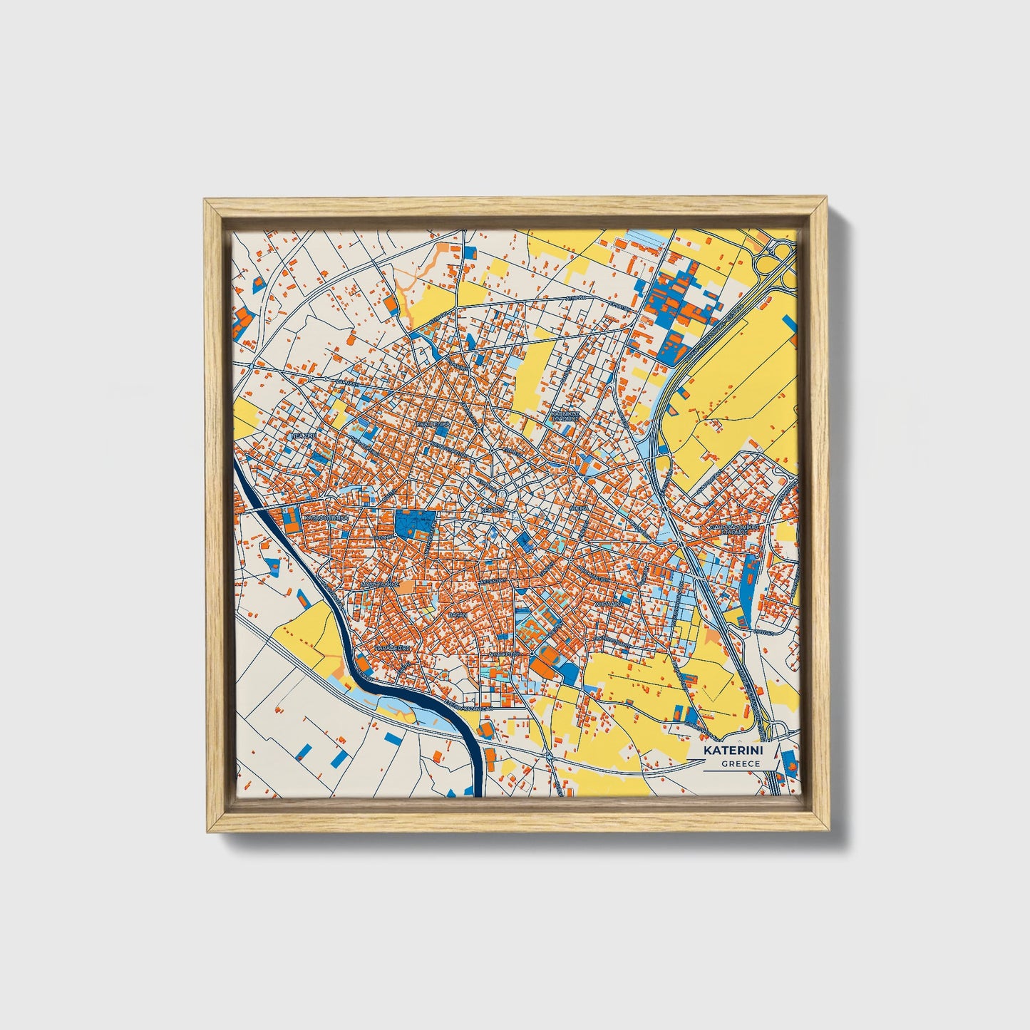 Κατερινη Greece Colorful City Map Canvas Print • Natural Wooden Framed