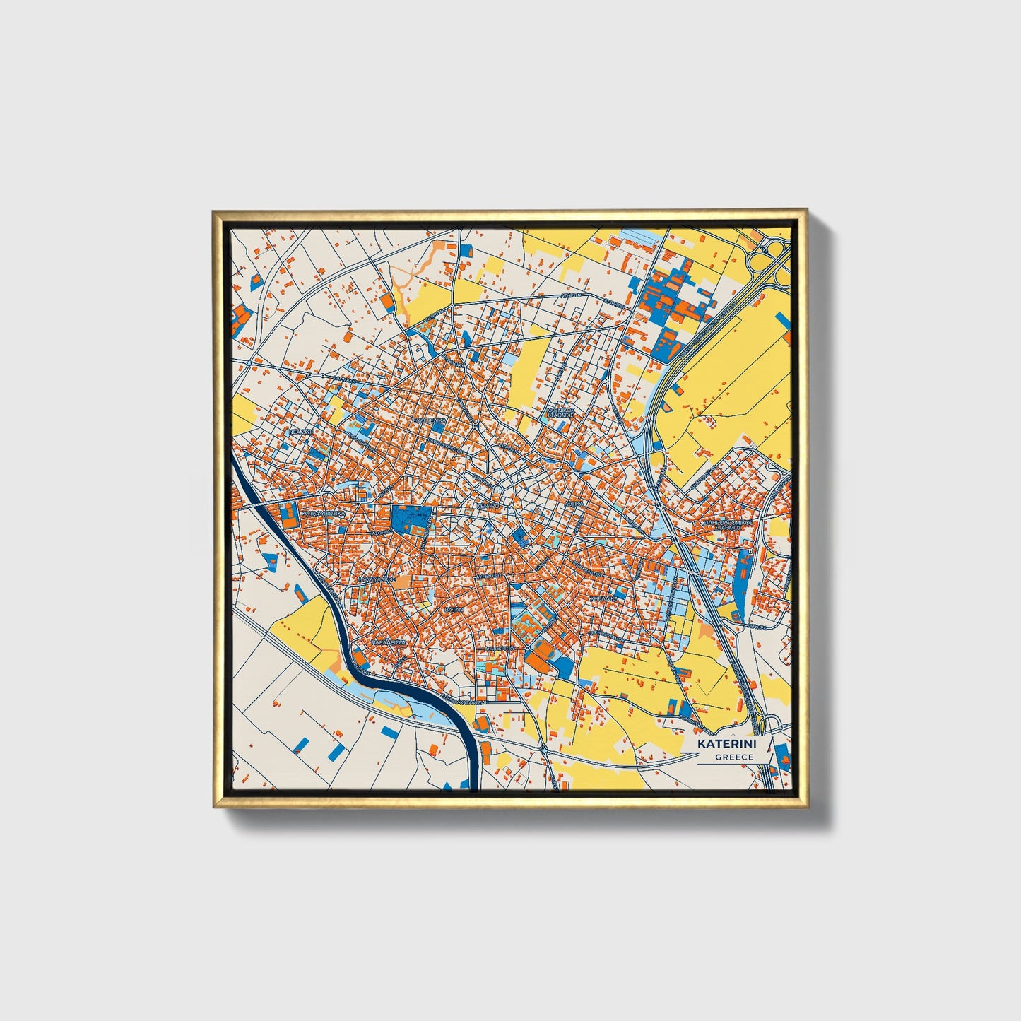 Κατερινη Greece Colorful City Map Canvas Print • Gold Framed