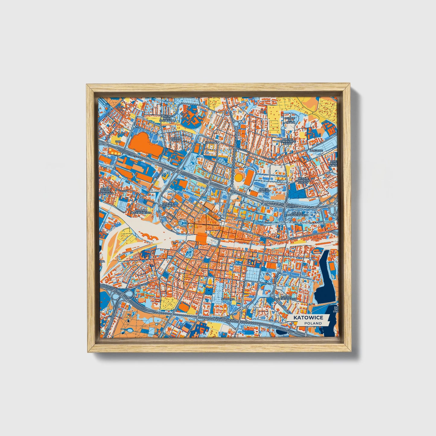 Katowice Poland Colorful City Map Canvas Print • Natural Wooden Framed
