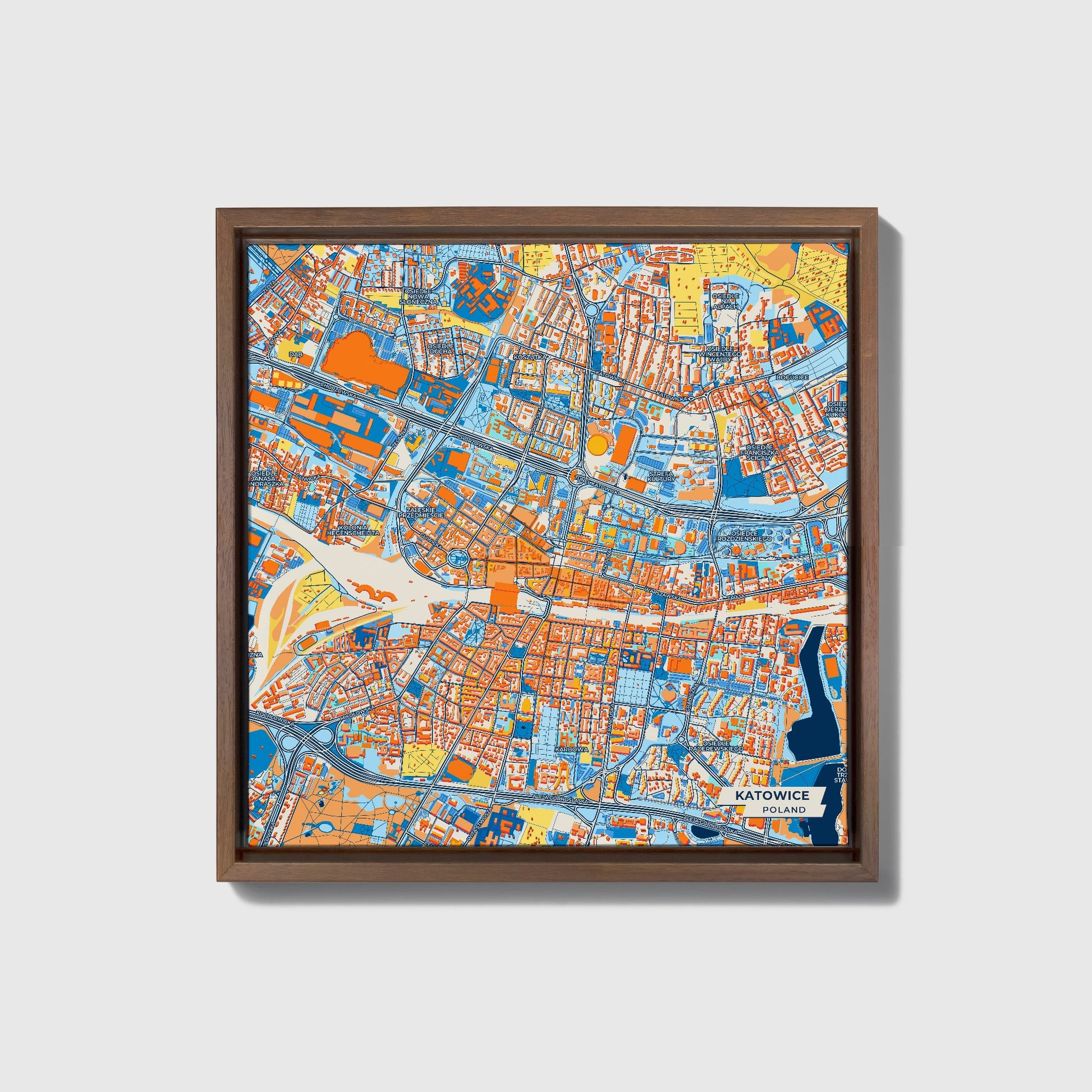 Katowice Poland Colorful City Map Canvas Print • Dark Wooden Framed
