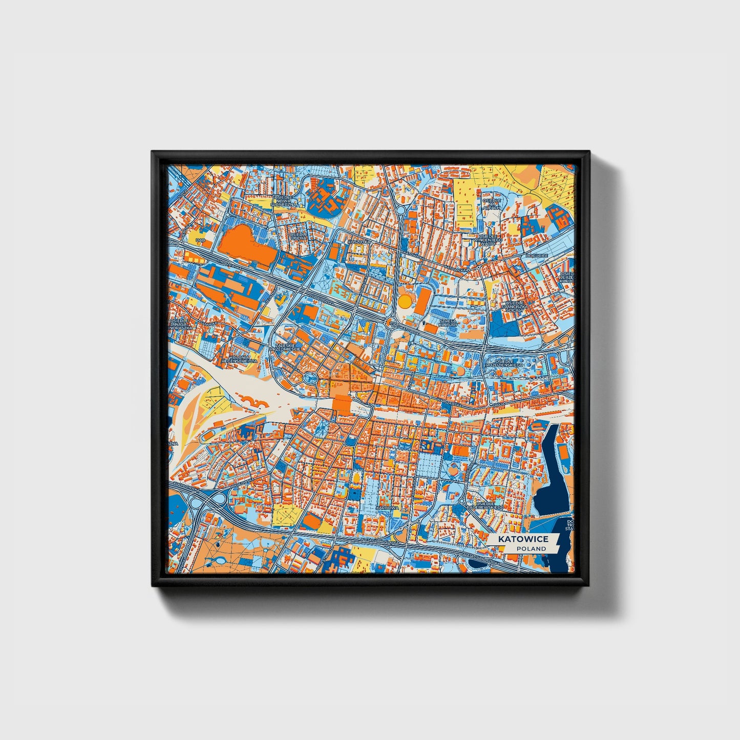 Katowice Poland Colorful City Map Canvas Print • Black Framed