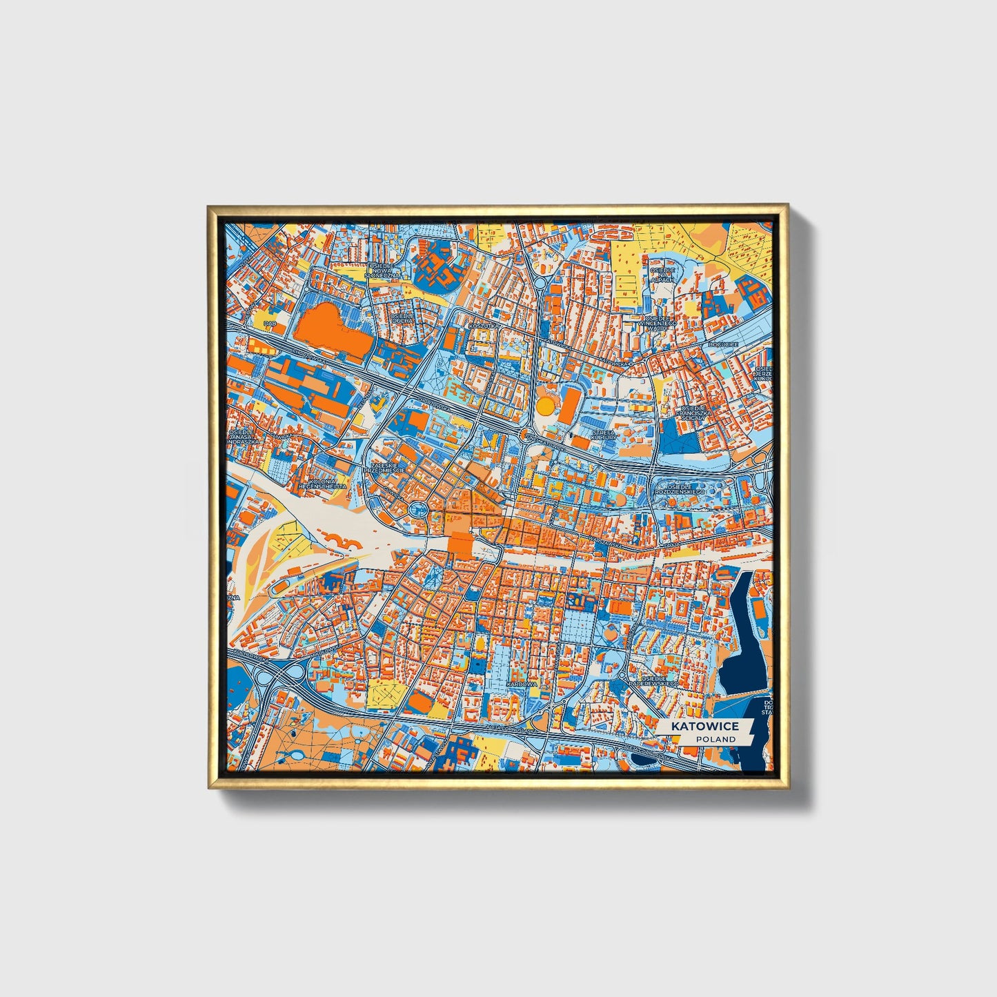 Katowice Poland Colorful City Map Canvas Print • Gold Framed