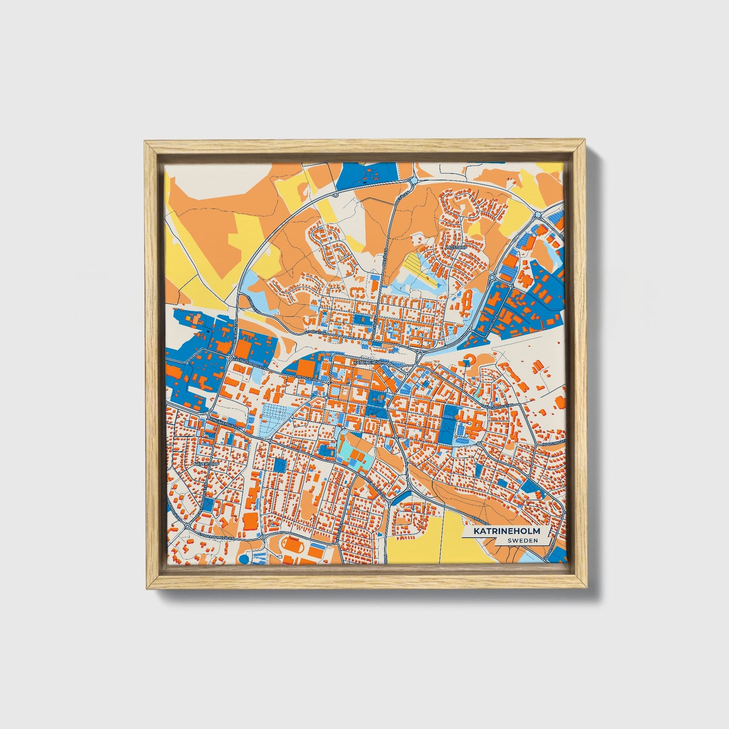 Katrineholm Sweden Colorful City Map Canvas Print • Natural Wooden Framed