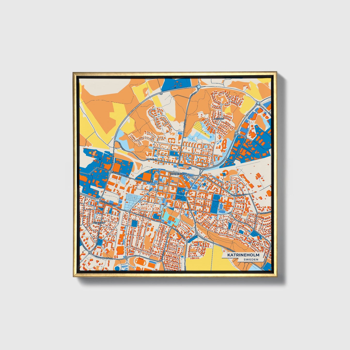 Katrineholm Sweden Colorful City Map Canvas Print • Gold Framed