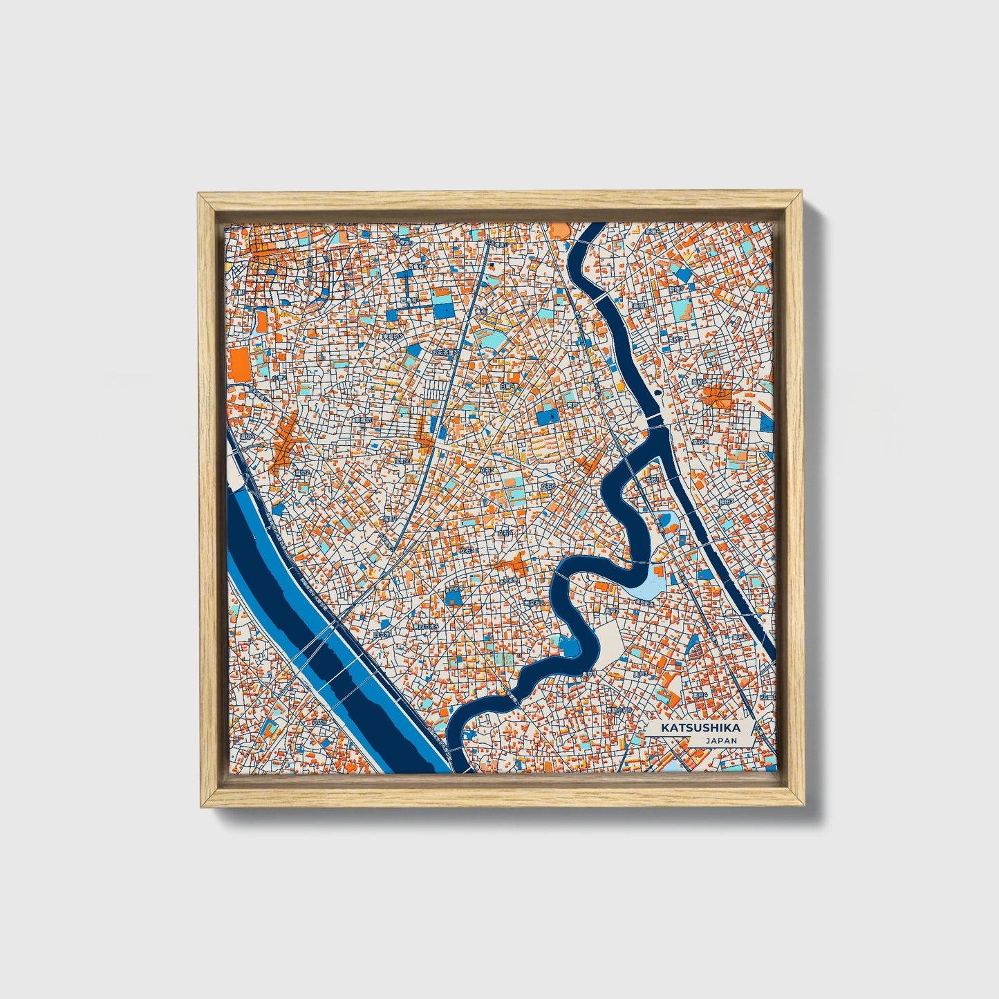 Katsushika Japan Colorful City Map Canvas Print • Natural Wooden Framed