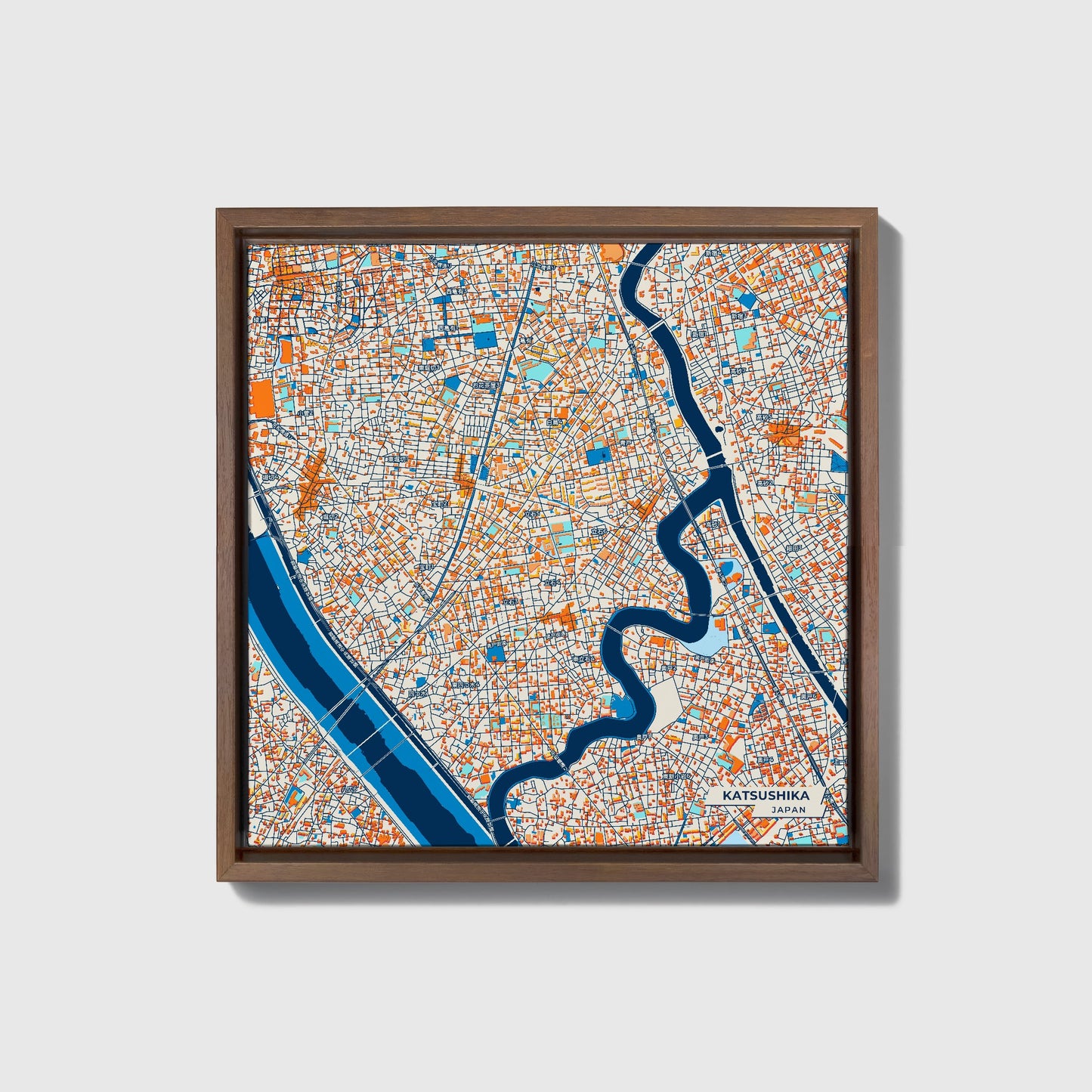 Katsushika Japan Colorful City Map Canvas Print • Dark Wooden Framed