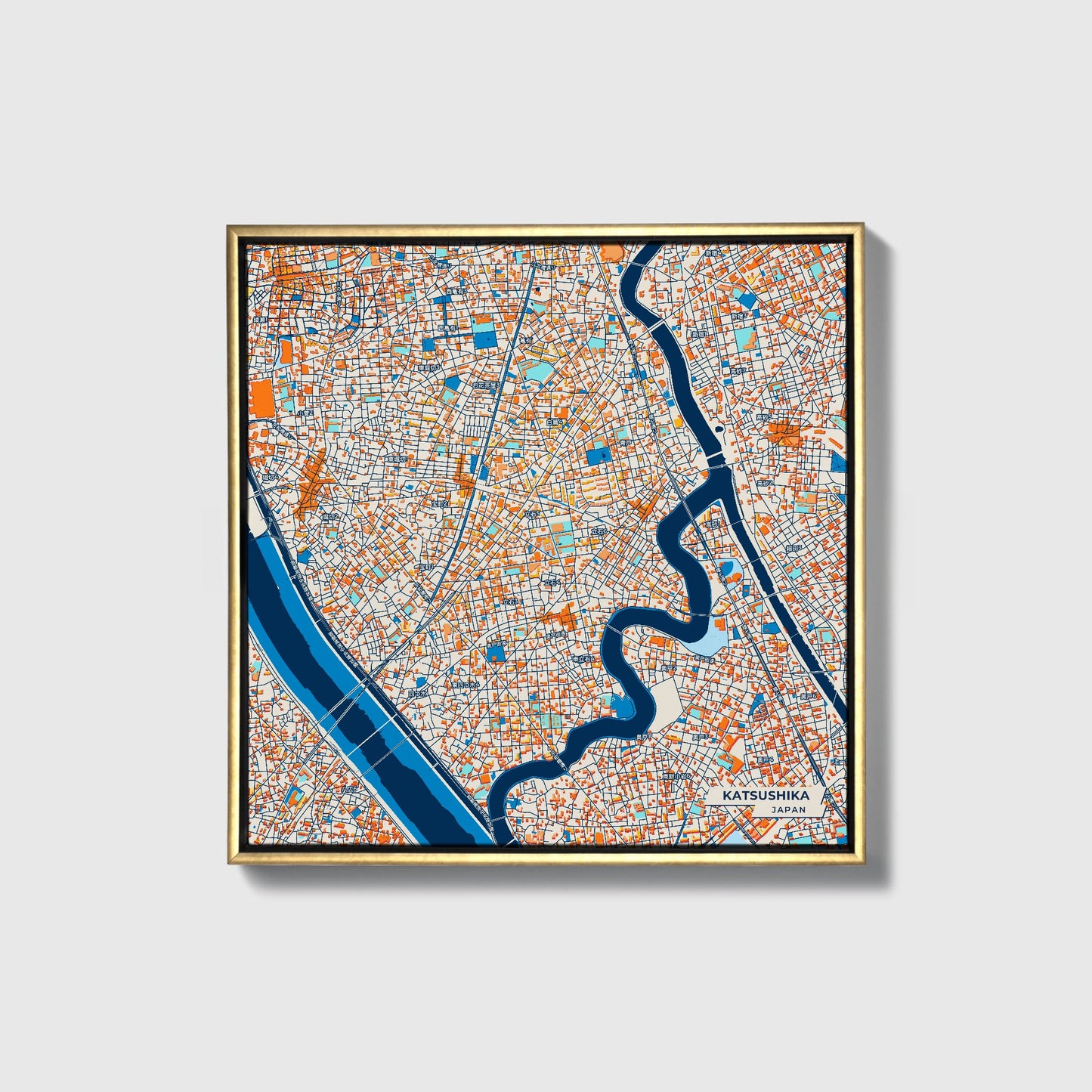 Katsushika Japan Colorful City Map Canvas Print • Gold Framed