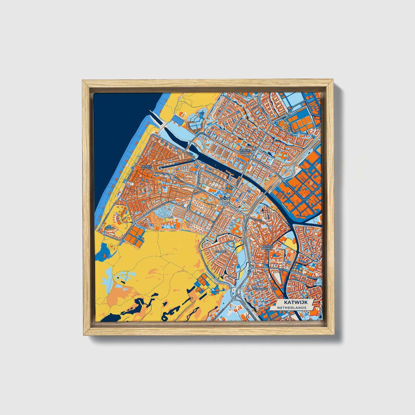 Katwijk Netherlands Colorful City Map Canvas Print • Natural Wooden Framed