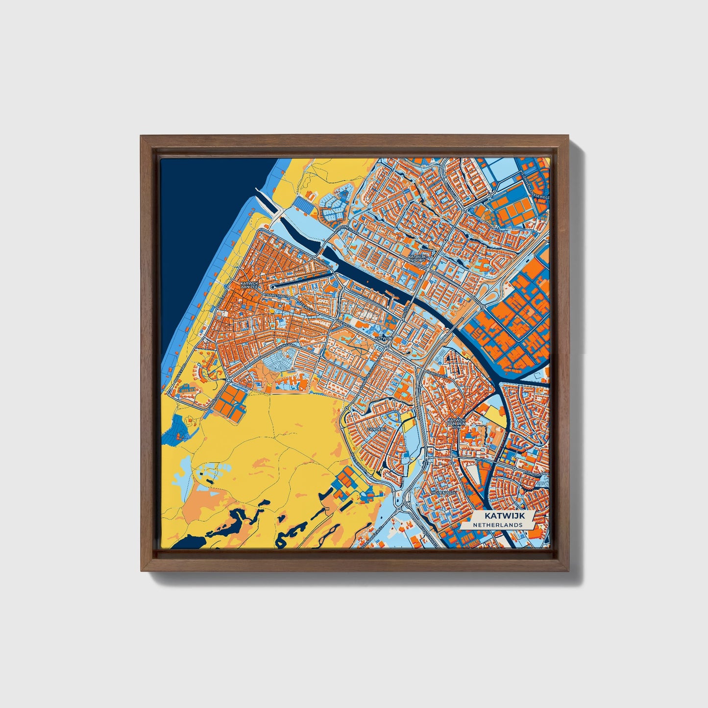 Katwijk Netherlands Colorful City Map Canvas Print • Dark Wooden Framed